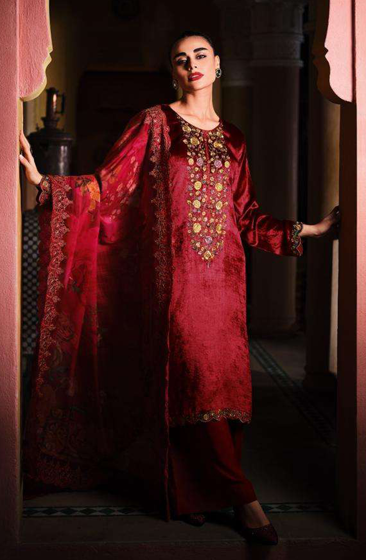 Maroon Designer Embroidered Velvet Salwar Kameez - FLOF006
