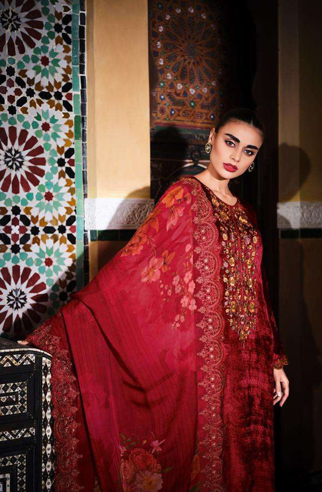 Maroon Designer Embroidered Velvet Salwar Kameez - FLOF006