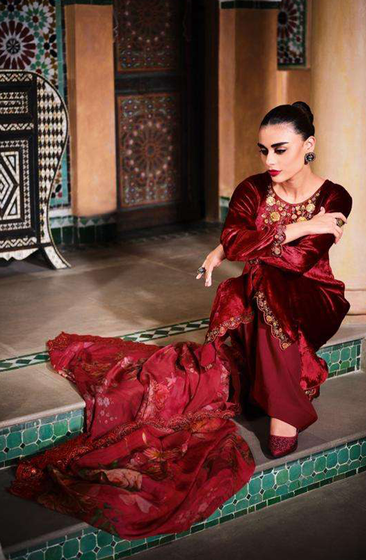 Maroon Designer Embroidered Velvet Salwar Kameez - FLOF006