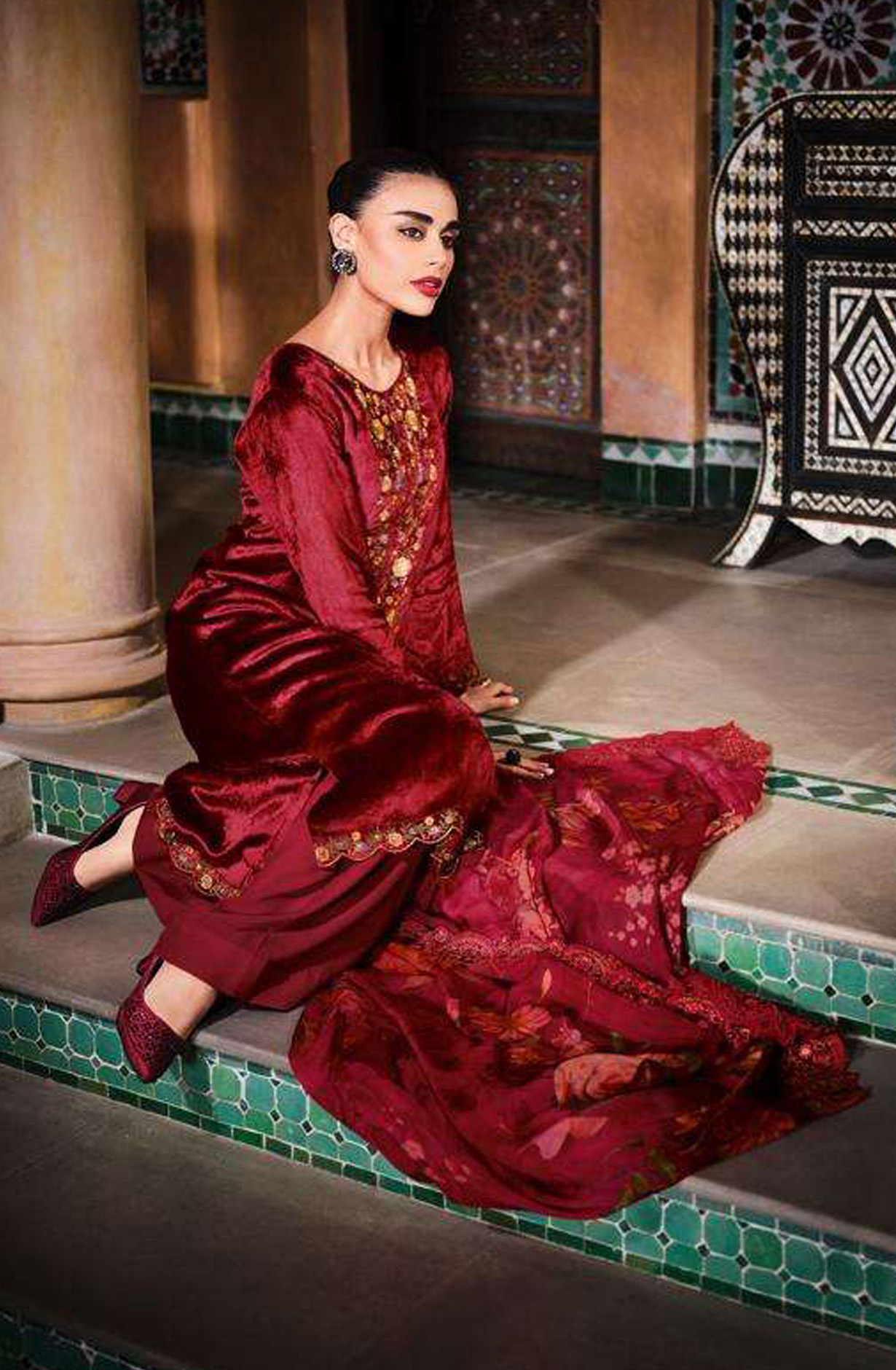 Maroon Designer Embroidered Velvet Salwar Kameez - FLOF006