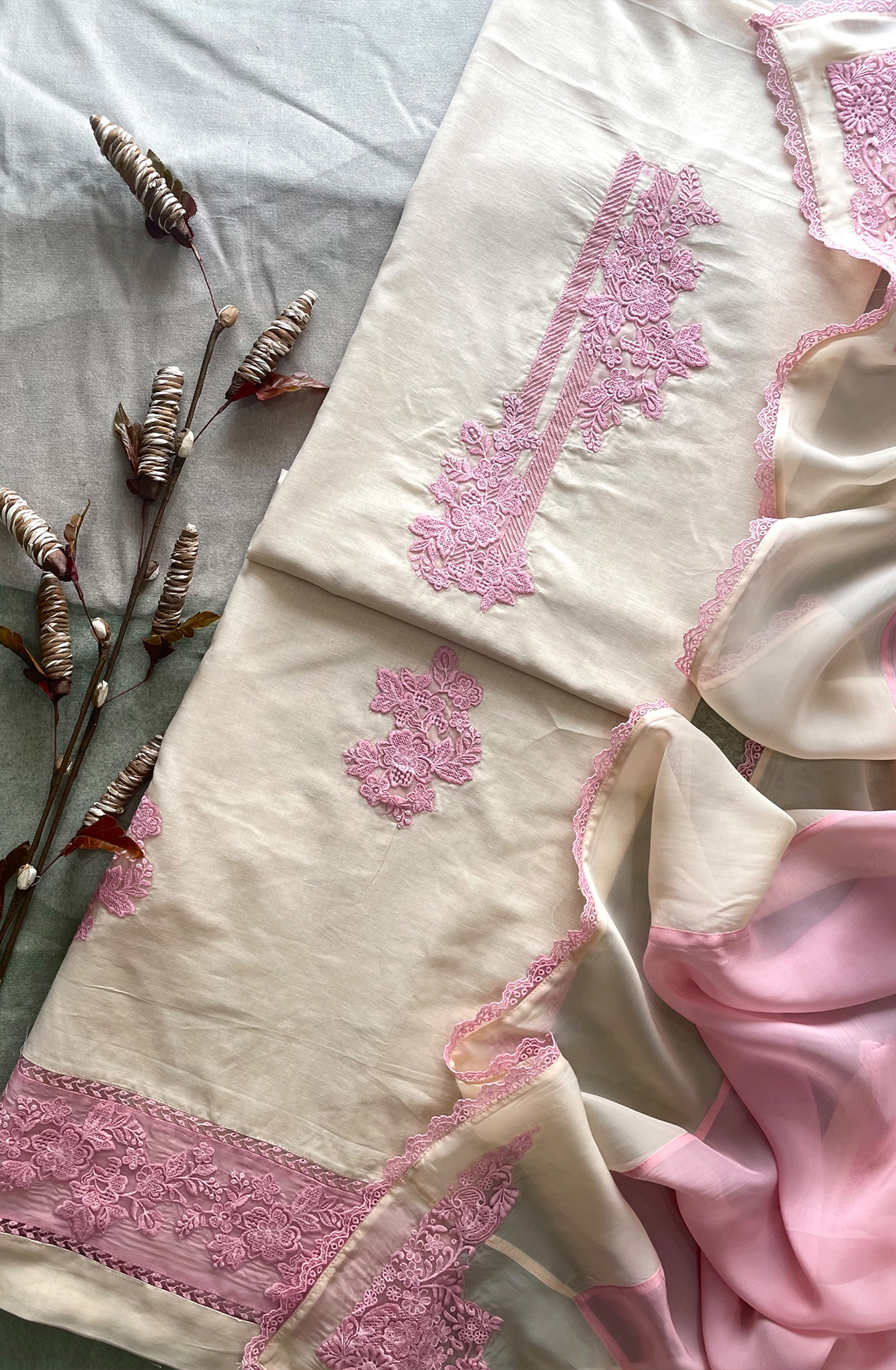 Fawn Luxury Linen Unstitched Embroidered Salwar Kameez with Organza Dupatta - FOR2251B