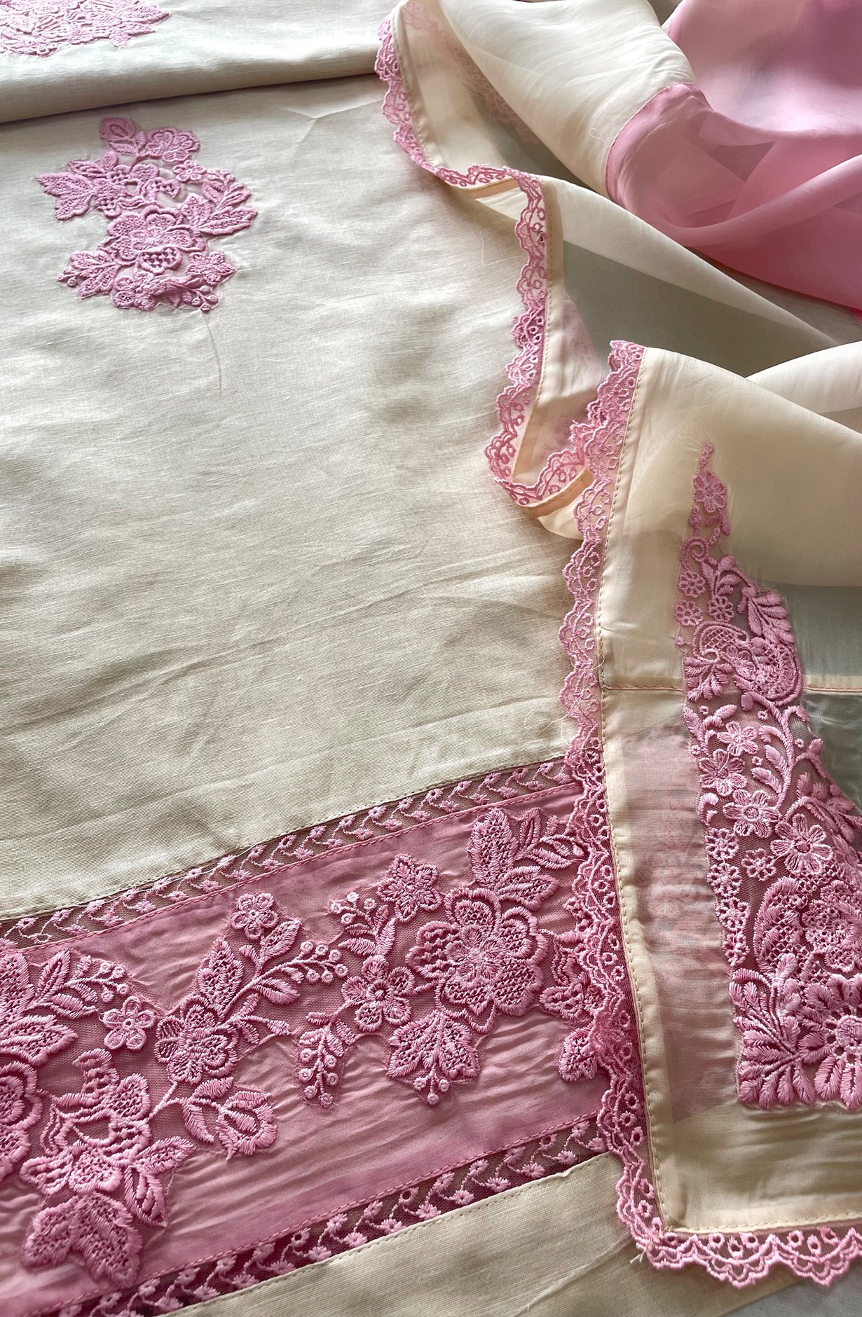 Fawn Luxury Linen Unstitched Embroidered Salwar Kameez with Organza Dupatta - FOR2251B