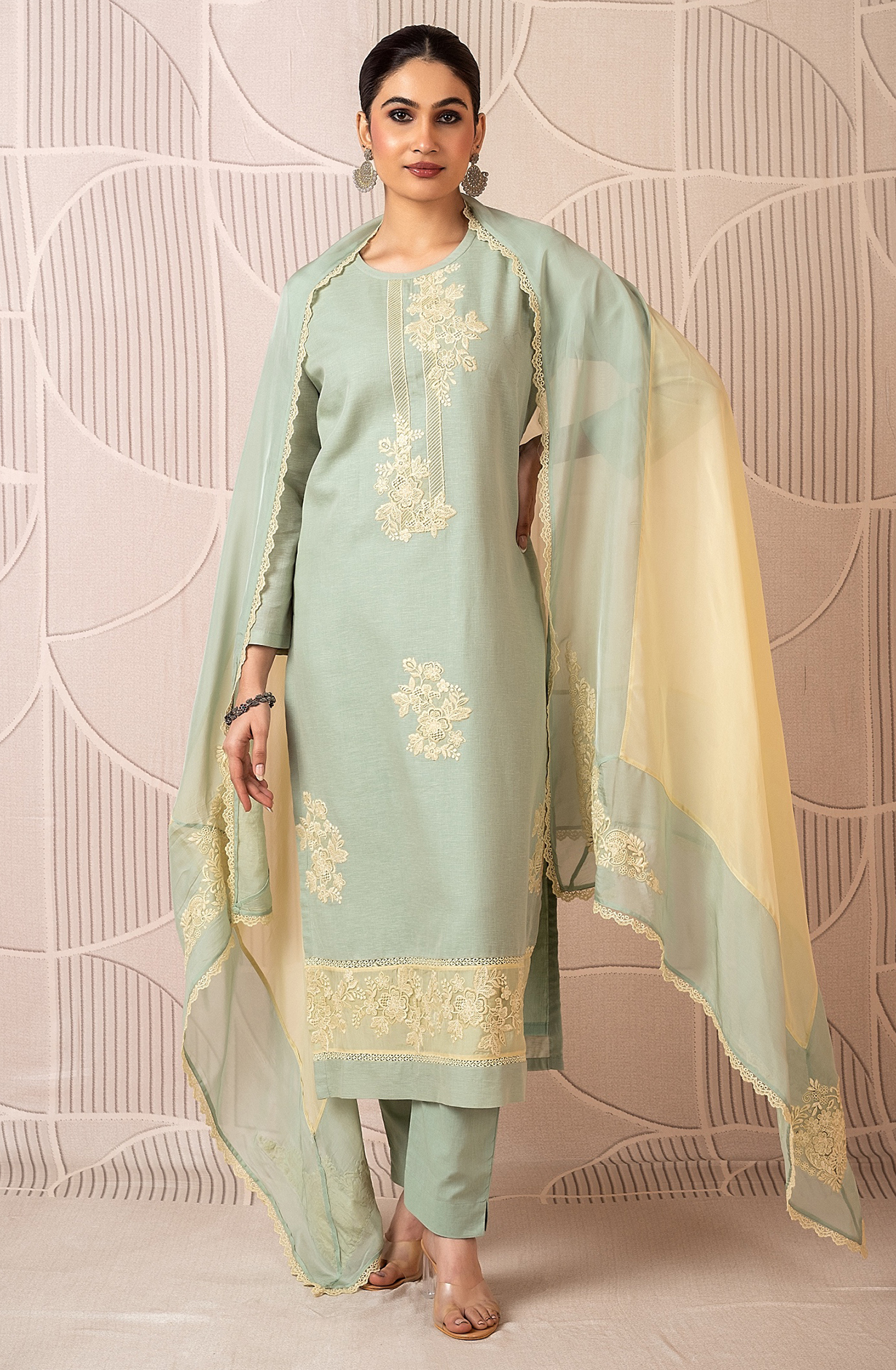 Green Luxury Linen Unstitched Embroidered Salwar Kameez with Organza Dupatta - FOR2251C