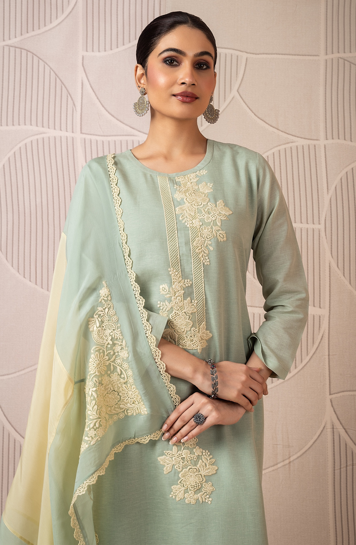 Green Luxury Linen Unstitched Embroidered Salwar Kameez with Organza Dupatta - FOR2251C