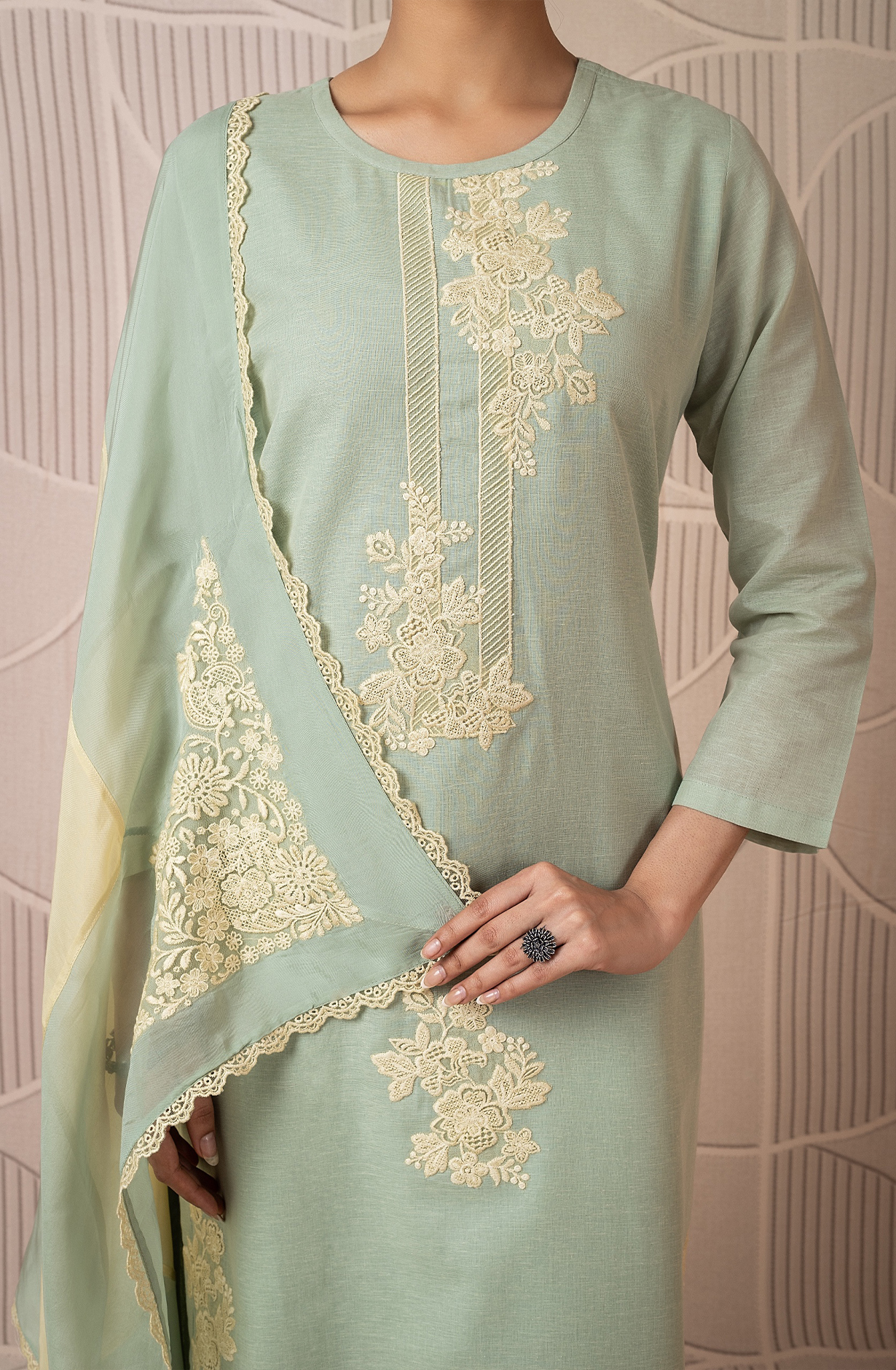 Green Luxury Linen Unstitched Embroidered Salwar Kameez with Organza Dupatta - FOR2251C