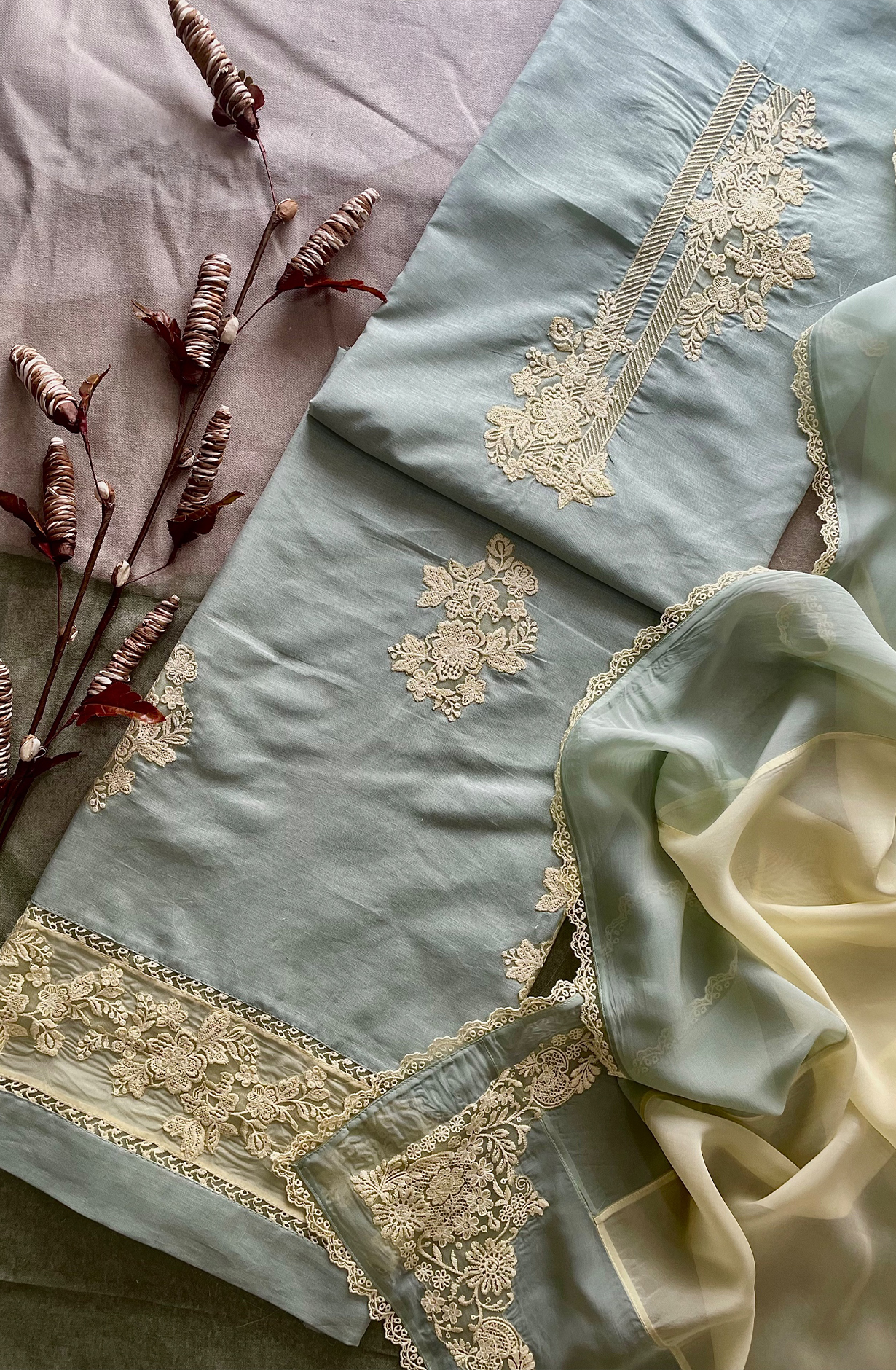 Green Luxury Linen Unstitched Embroidered Salwar Kameez with Organza Dupatta - FOR2251C