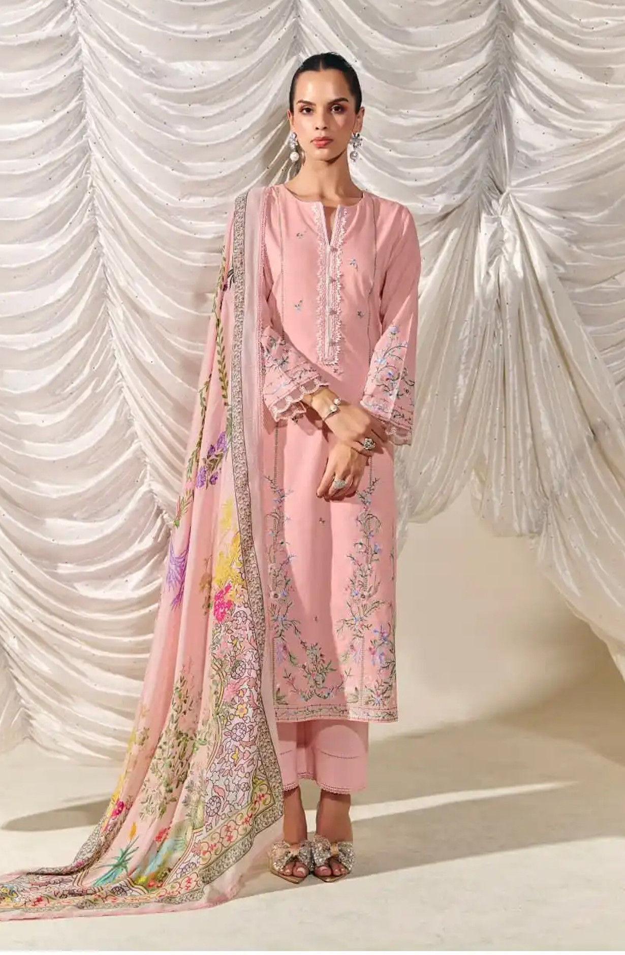 Peach Pure Cotton Lawn Beautiful Suit Set with Dupatta - FOR713