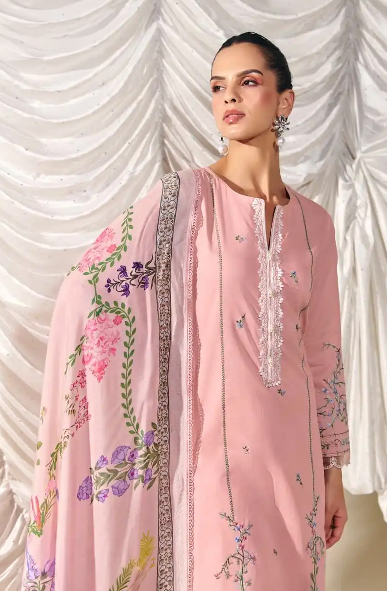 Peach Pure Cotton Lawn Beautiful Suit Set with Dupatta - FOR713