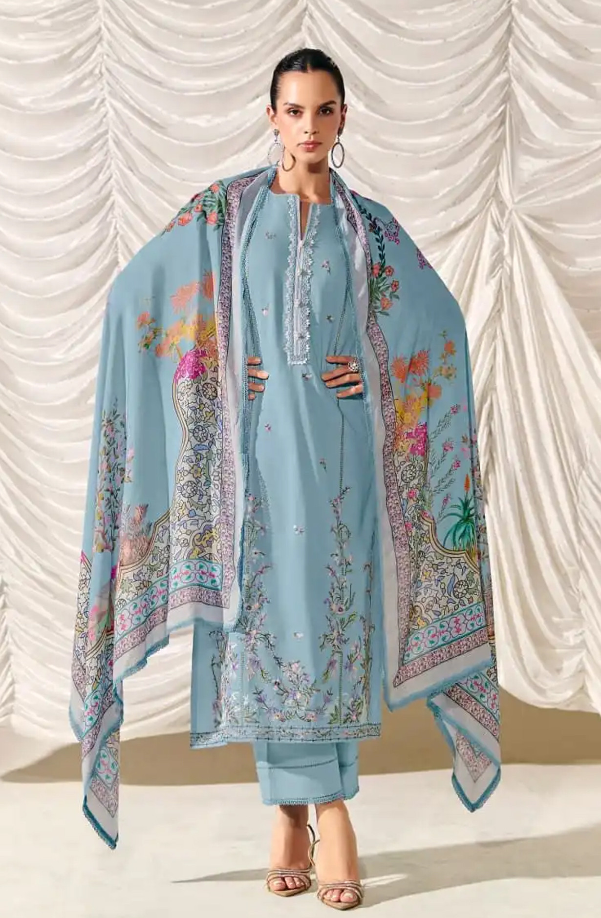 Blue Pure Cotton Lawn Beautiful Suit Set with Dupatta - FOR714