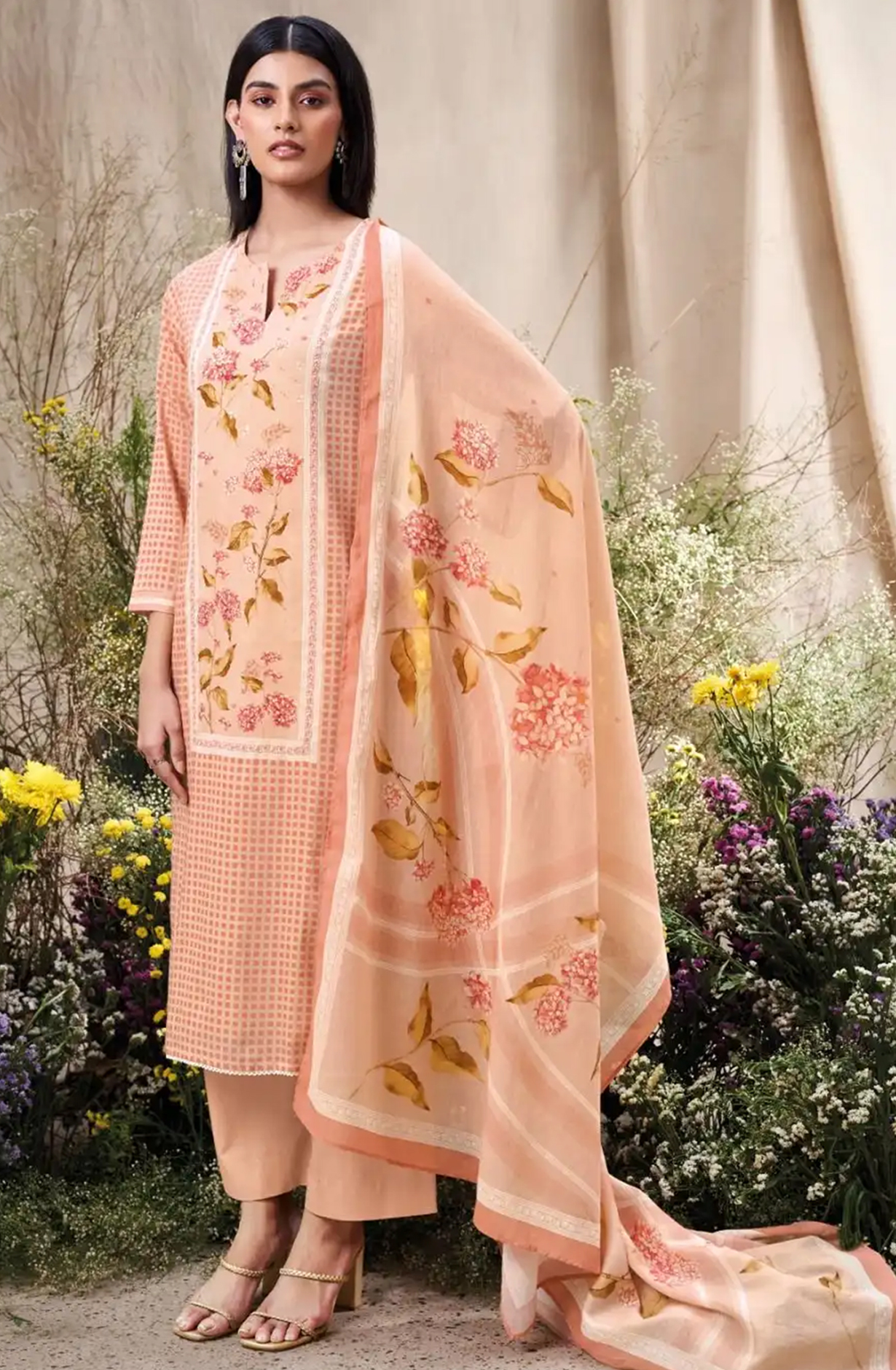 Orange Printed Cotton Suit Set with Dupatta - FRAS3570A