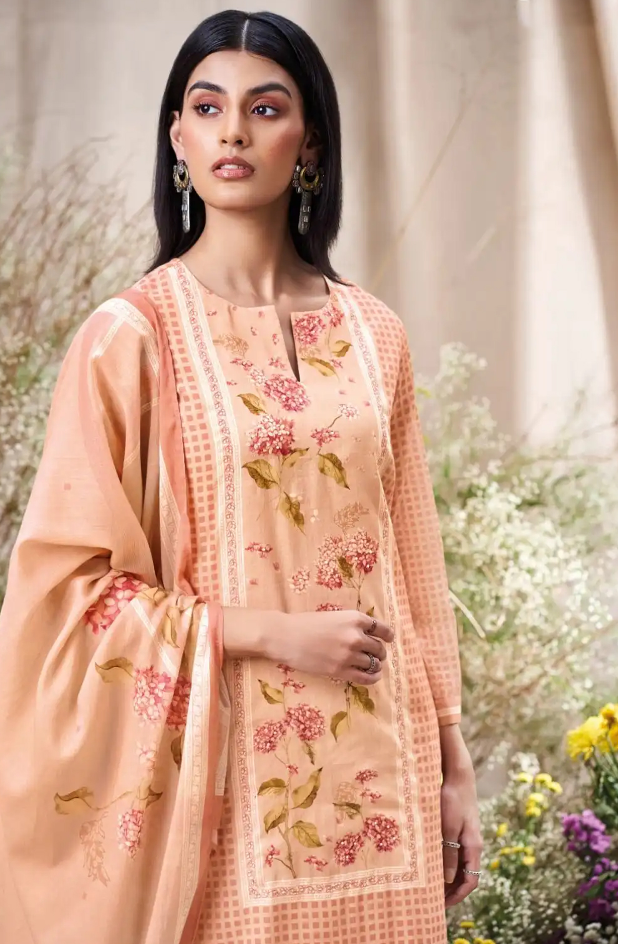 Orange Printed Cotton Suit Set with Dupatta - FRAS3570A