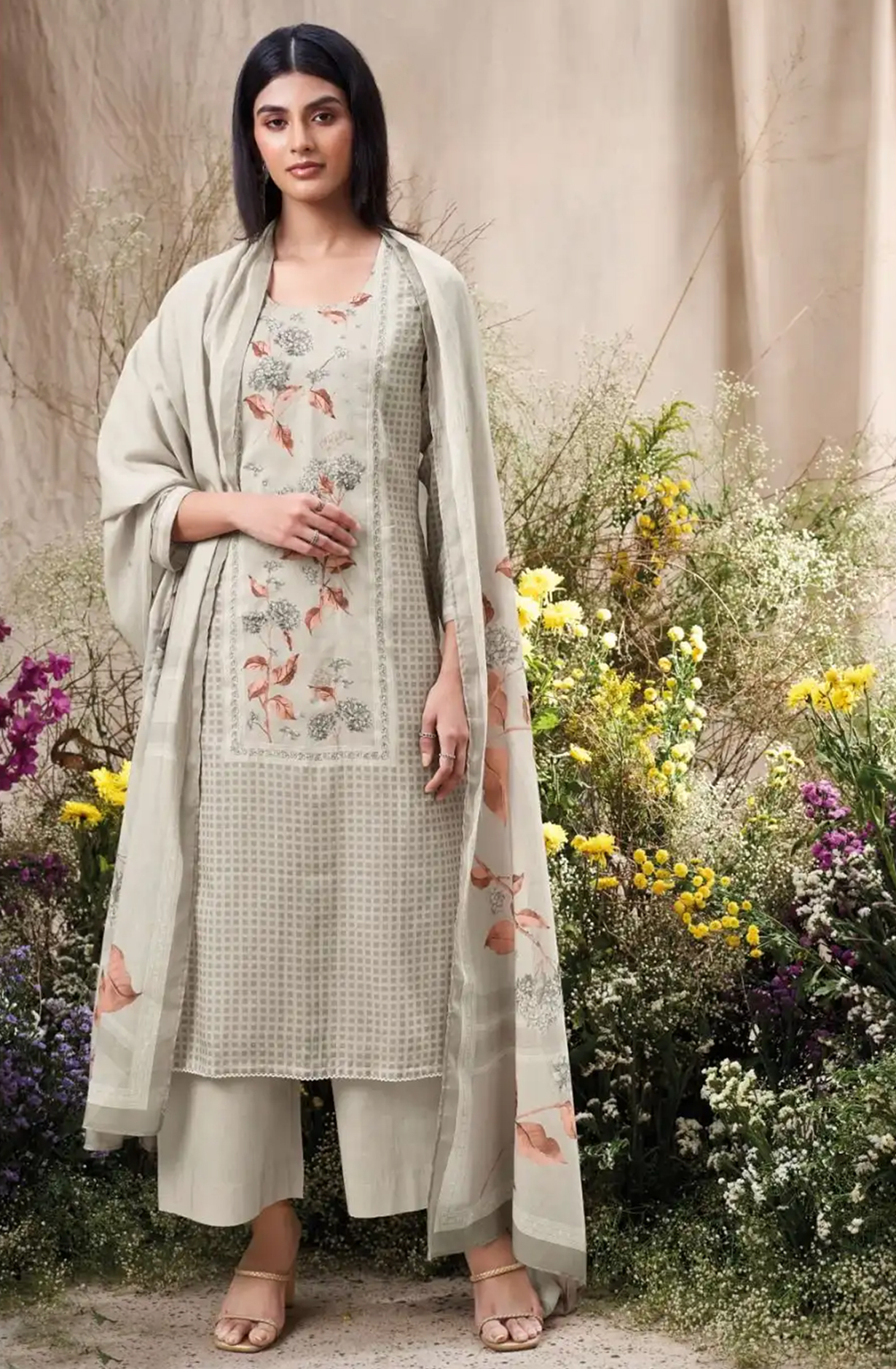 Grey Printed Cotton Suit Set with Dupatta - FRAS3570B