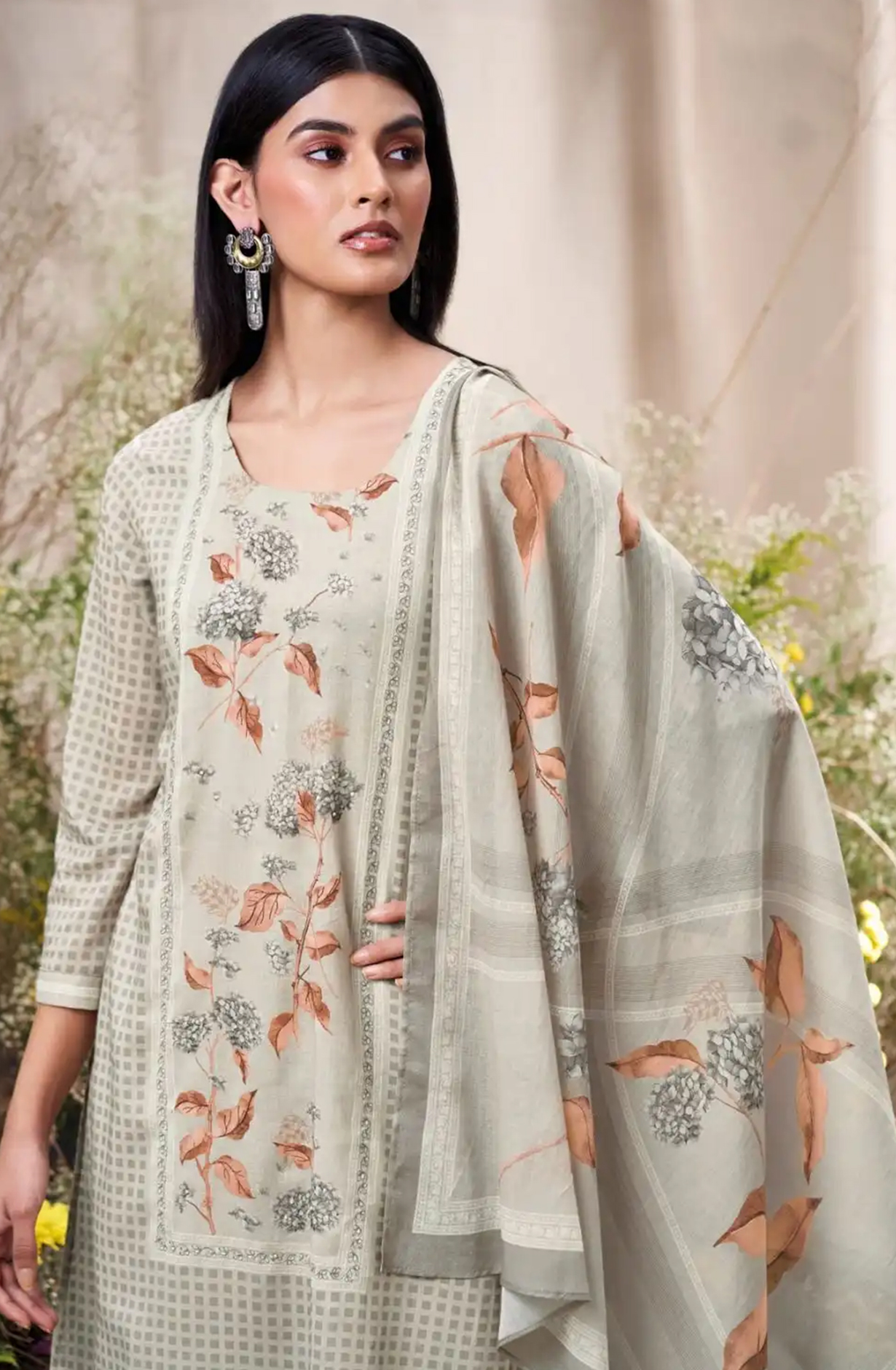 Grey Printed Cotton Suit Set with Dupatta - FRAS3570B
