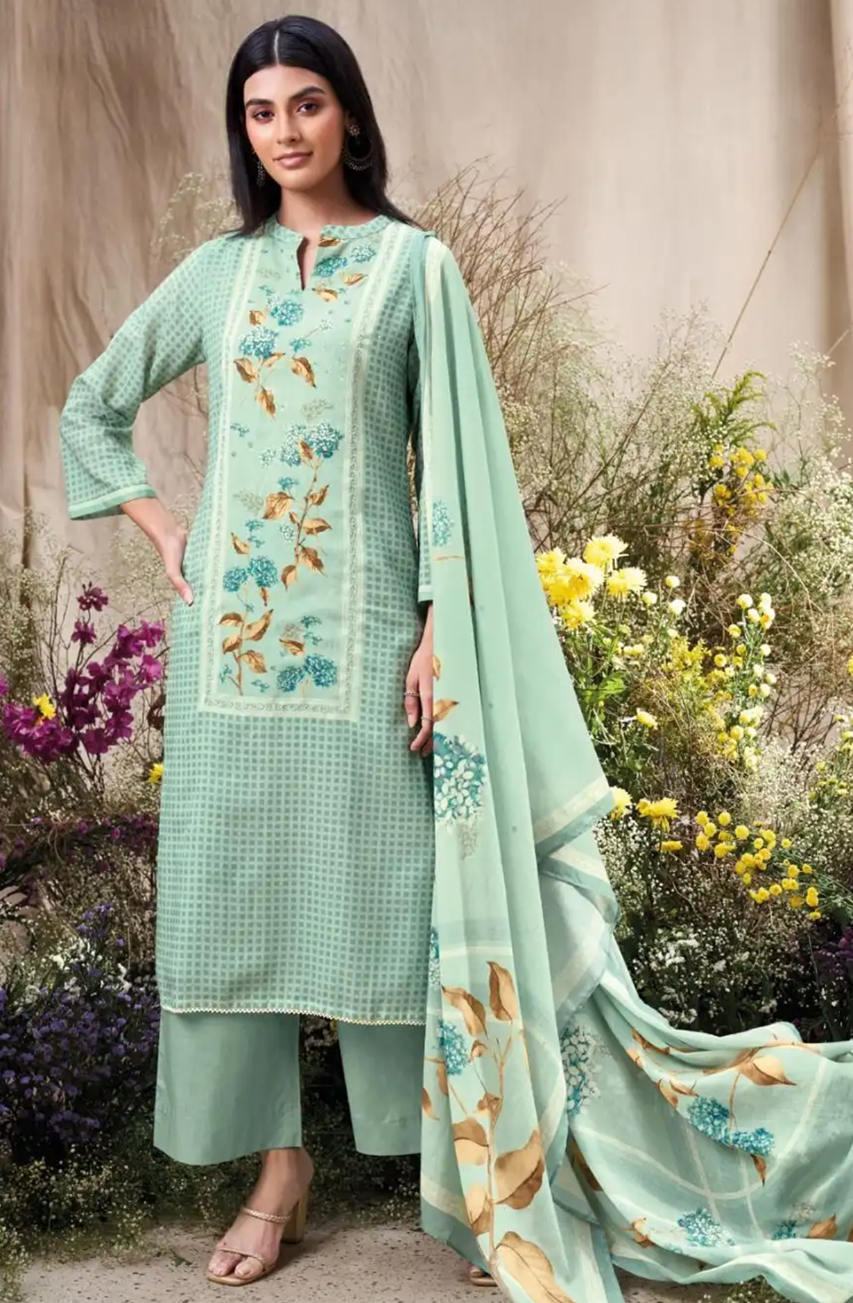 Green Printed Cotton Suit Set with Dupatta - FRAS3570C
