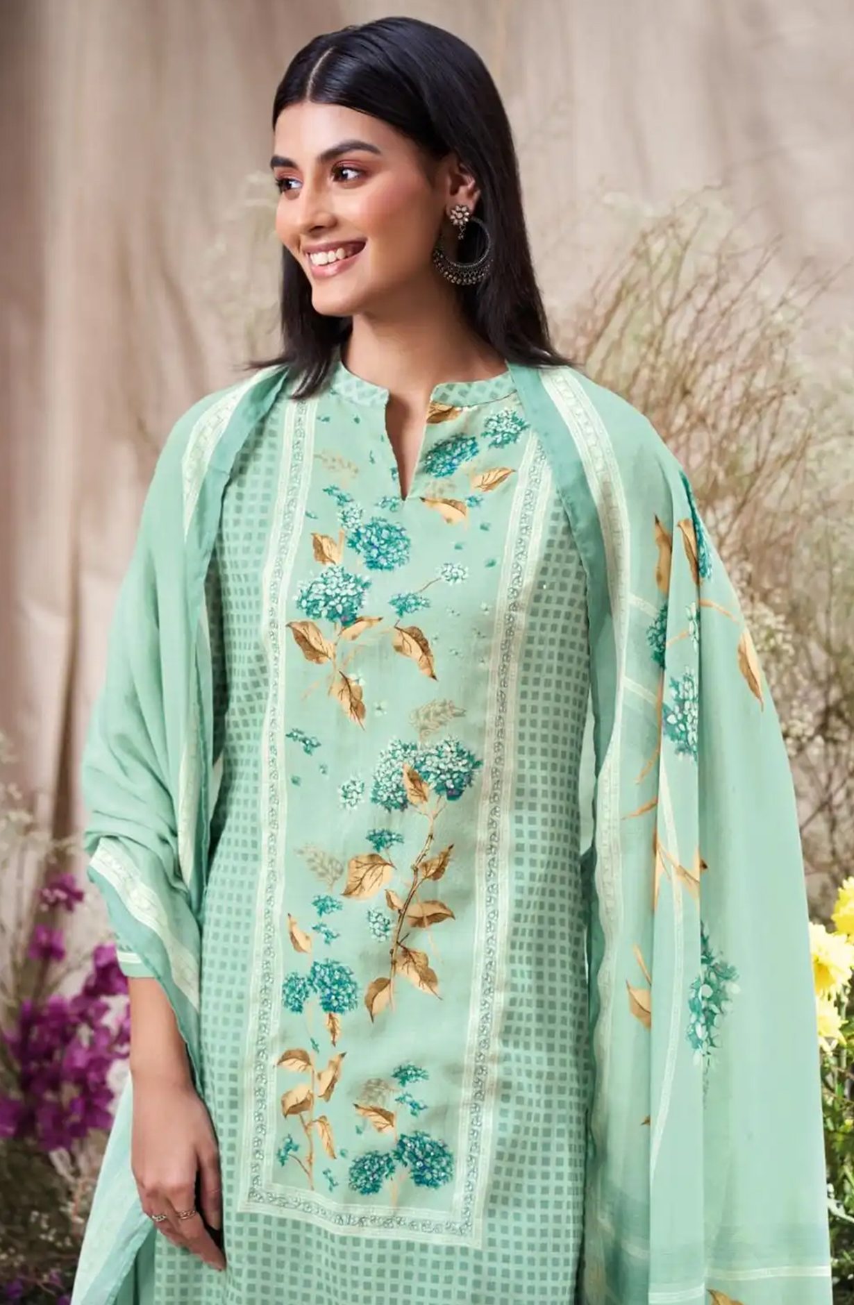 Green Printed Cotton Suit Set with Dupatta - FRAS3570C