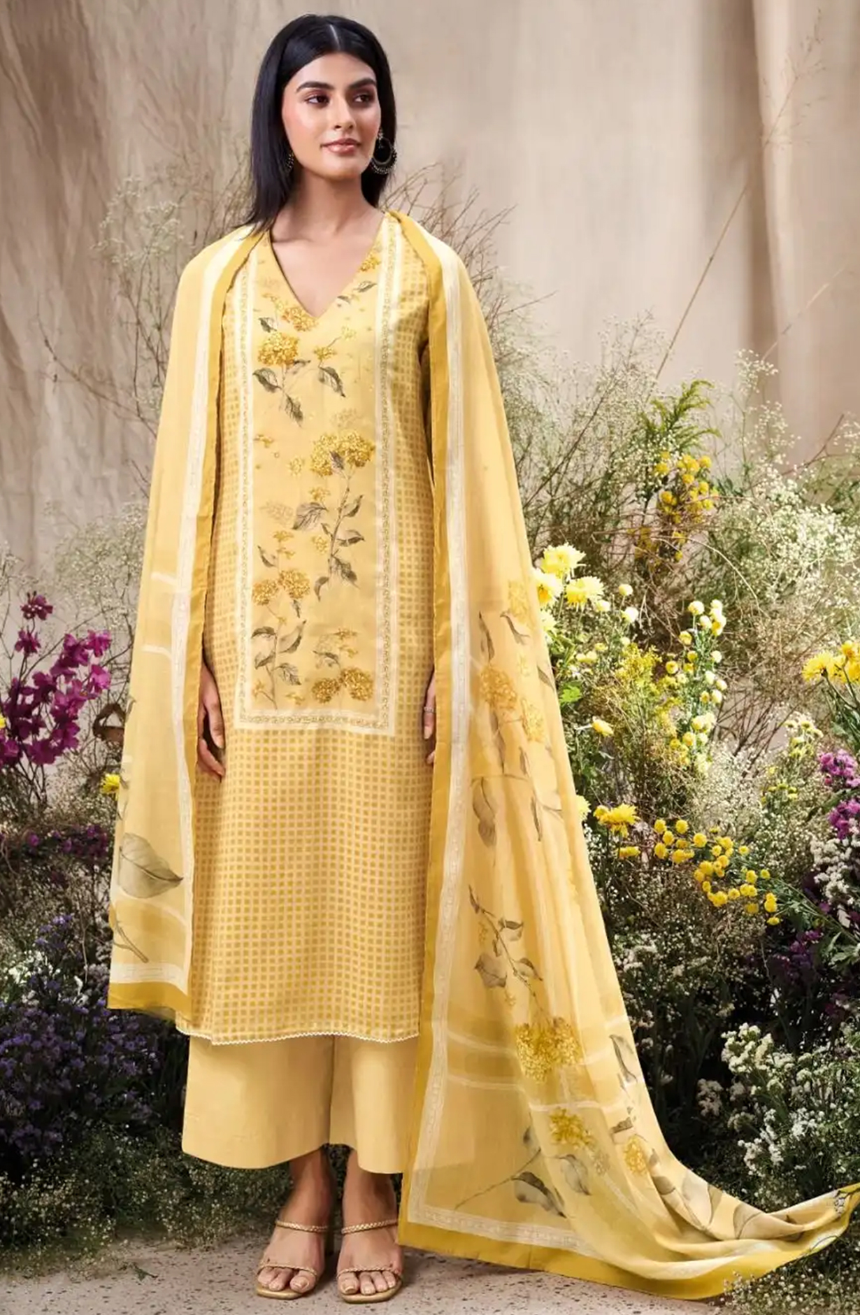 Mustard Printed Cotton Suit Set with Dupatta - FRAS3570D