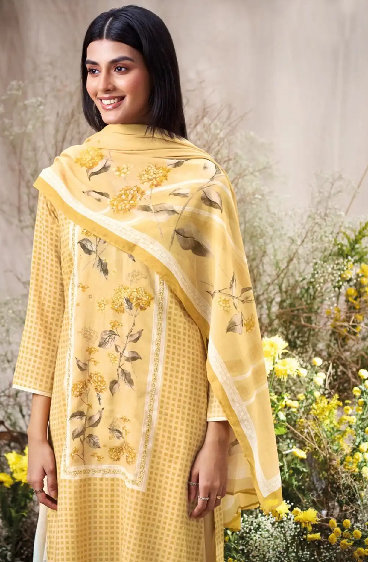 Mustard Printed Cotton Suit Set with Dupatta - FRAS3570D