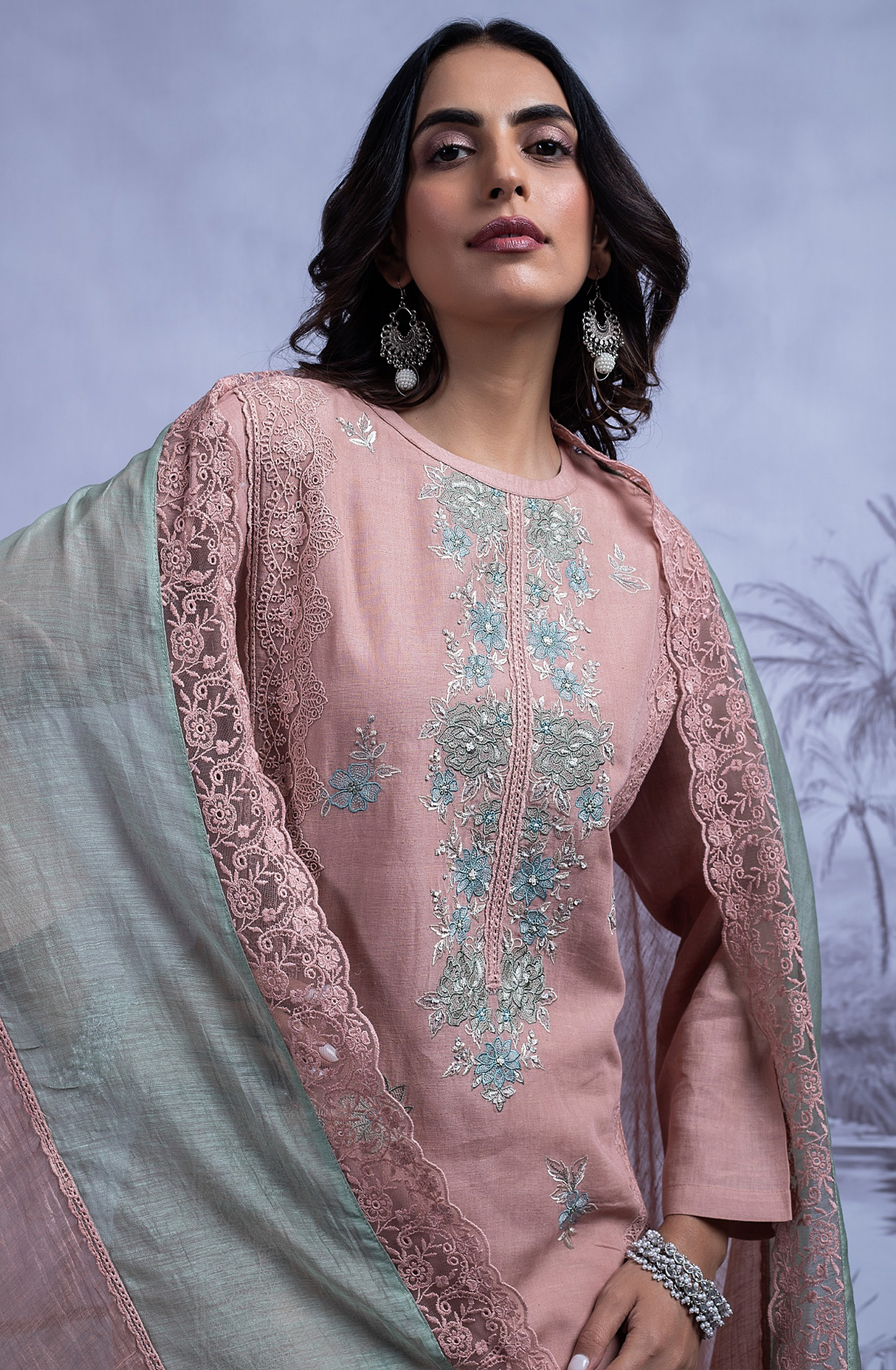 Pink Pure Cotton Linen Embroidered Suit with Dupatta - FRE2491A