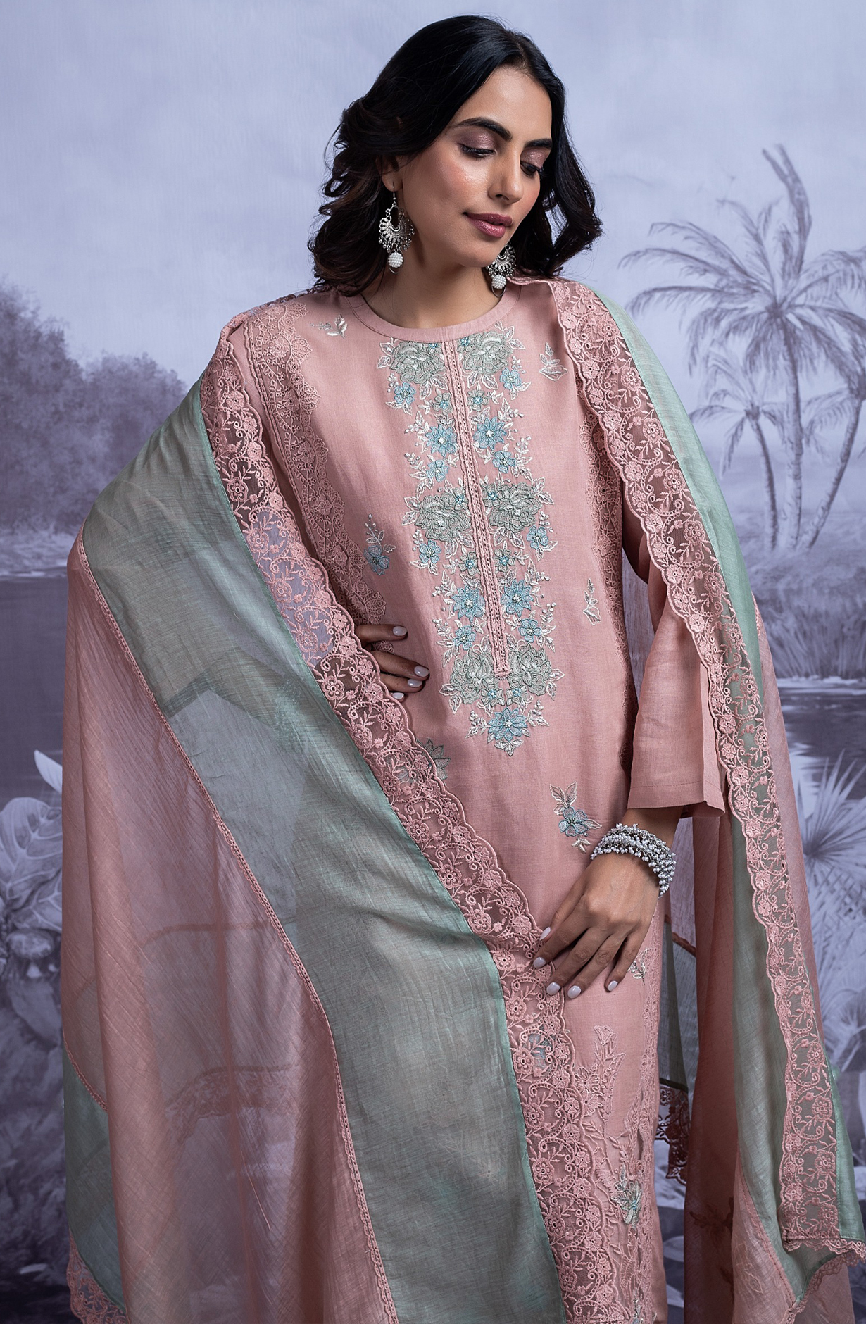 Pink Pure Cotton Linen Embroidered Suit with Dupatta - FRE2491A