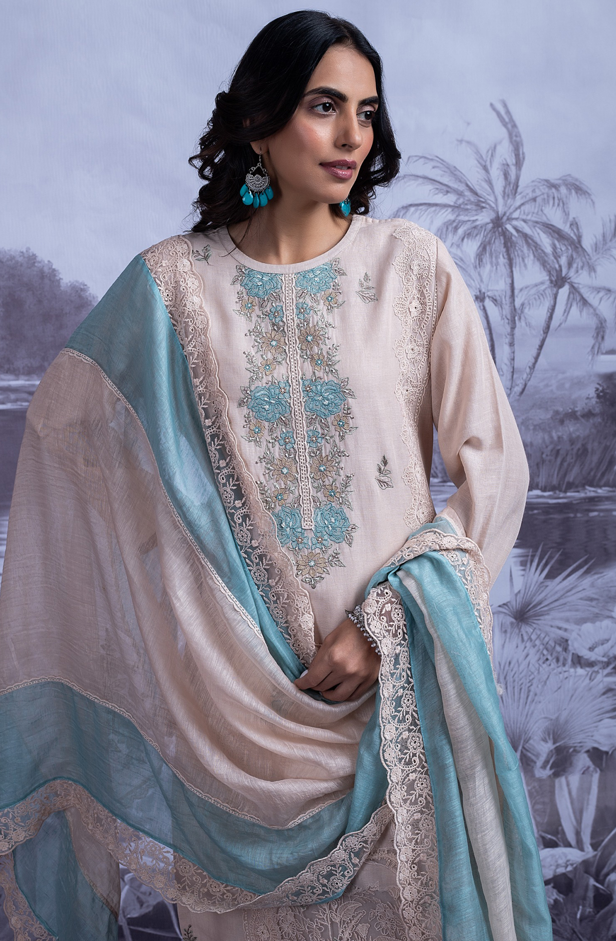 Peach Pure Cotton Linen Embroidered Suit with Dupatta - FRE2491B