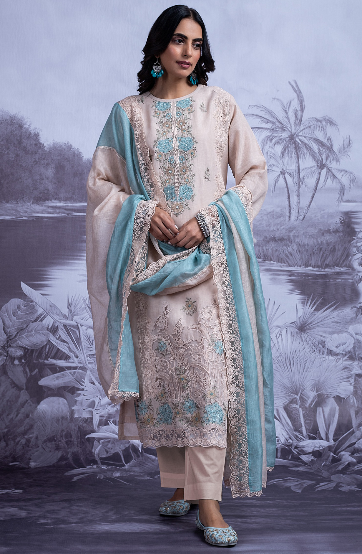 Peach Pure Cotton Linen Embroidered Suit with Dupatta - FRE2491B