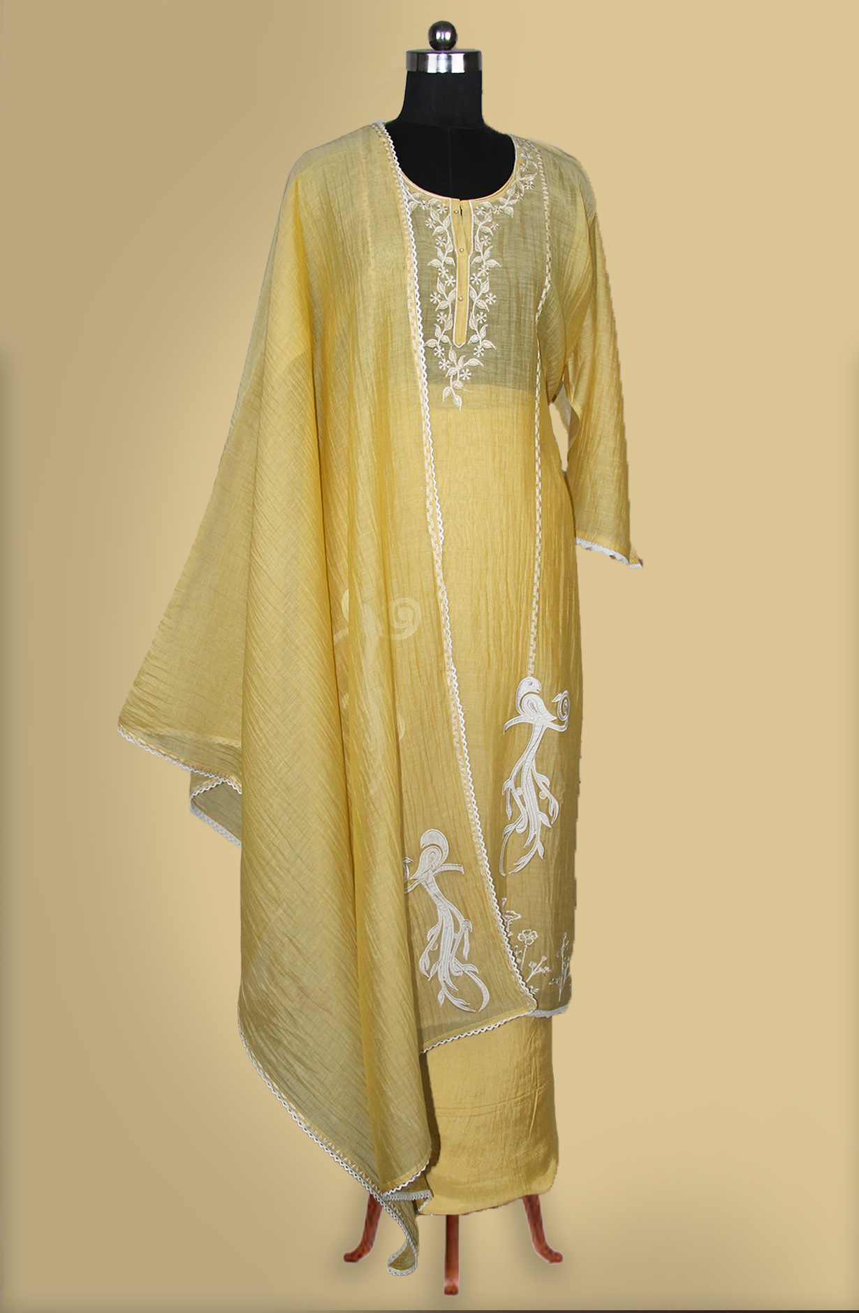 Mustard Linen Cotton Embroidered Suit with Dupatta- 752-8022A