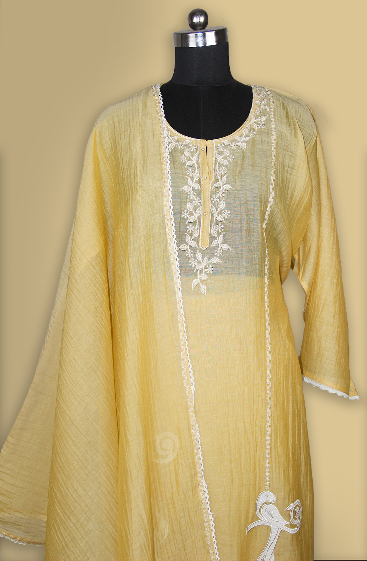 Mustard Linen Cotton Embroidered Suit with Dupatta- 752-8022A