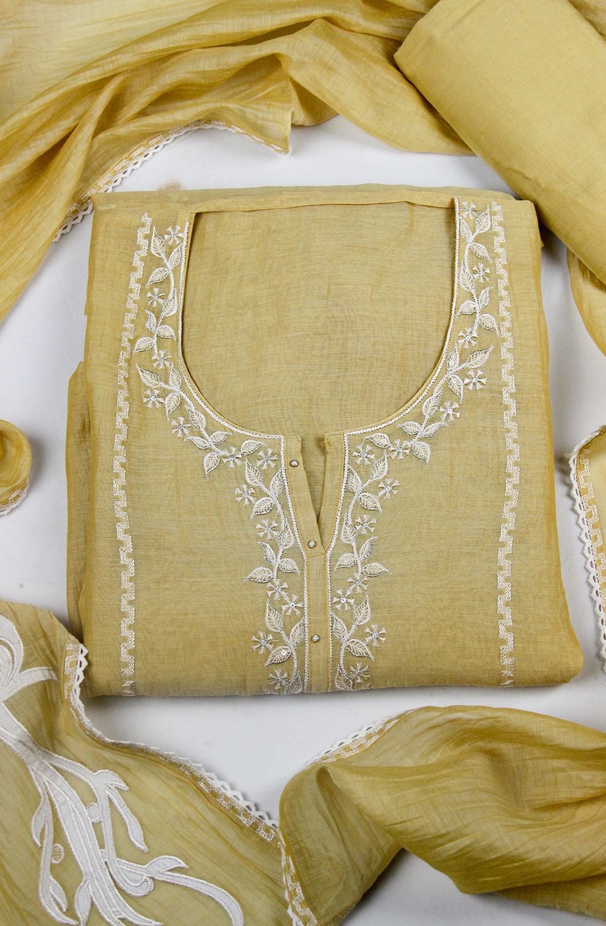Mustard Linen Cotton Embroidered Suit with Dupatta- 752-8022A