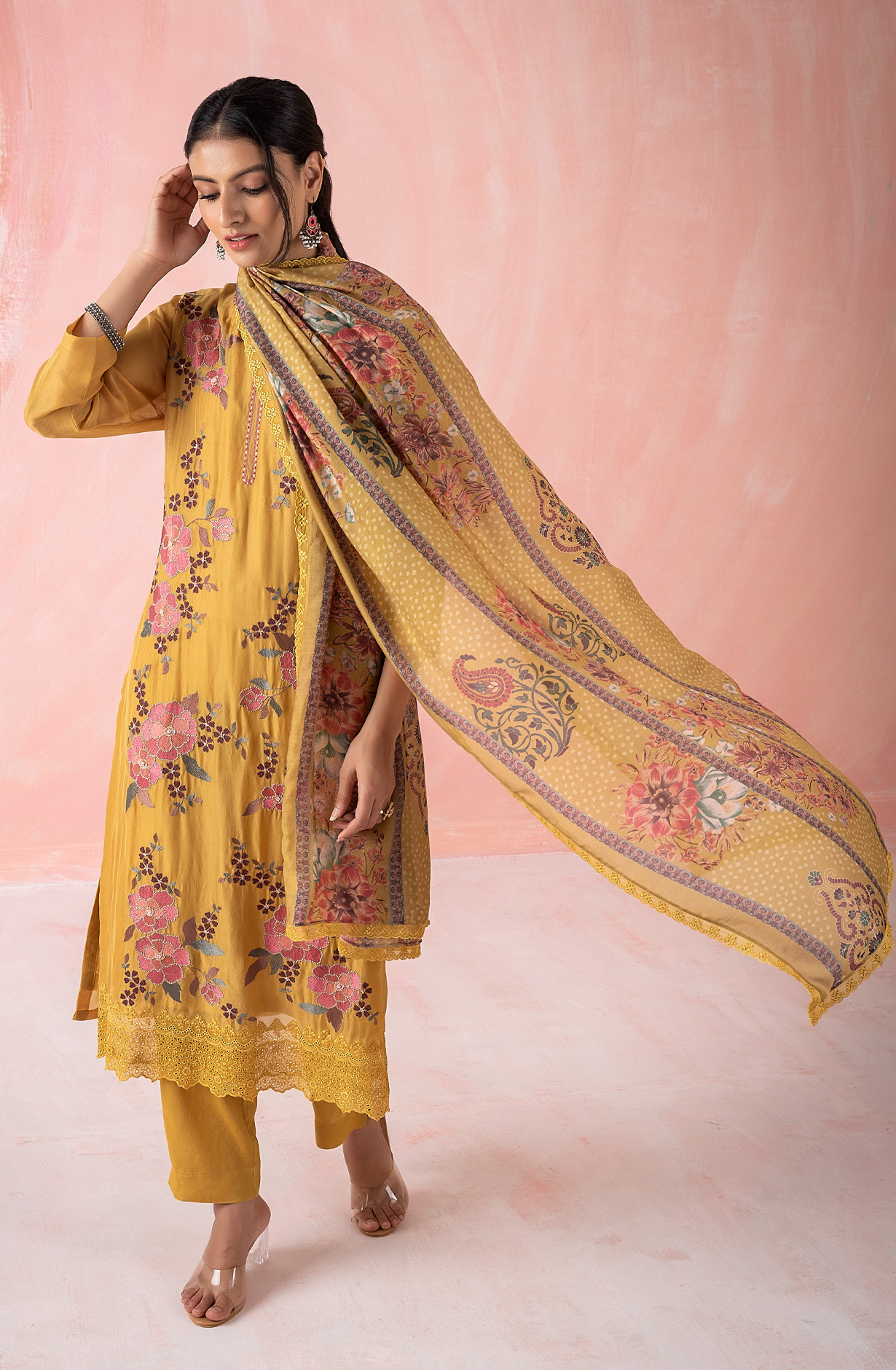 Mustard Organza Beautiful Embroidered Suit with Muslin Dupatta - GAA1971A