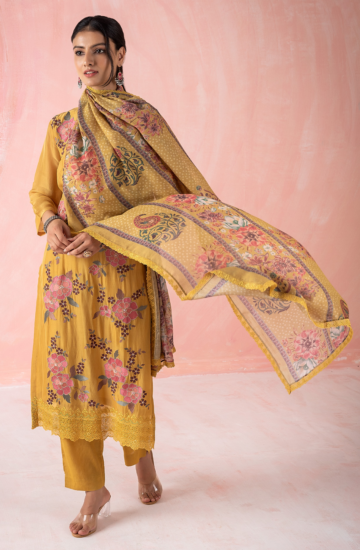 Mustard Organza Beautiful Embroidered Suit with Muslin Dupatta - GAA1971A