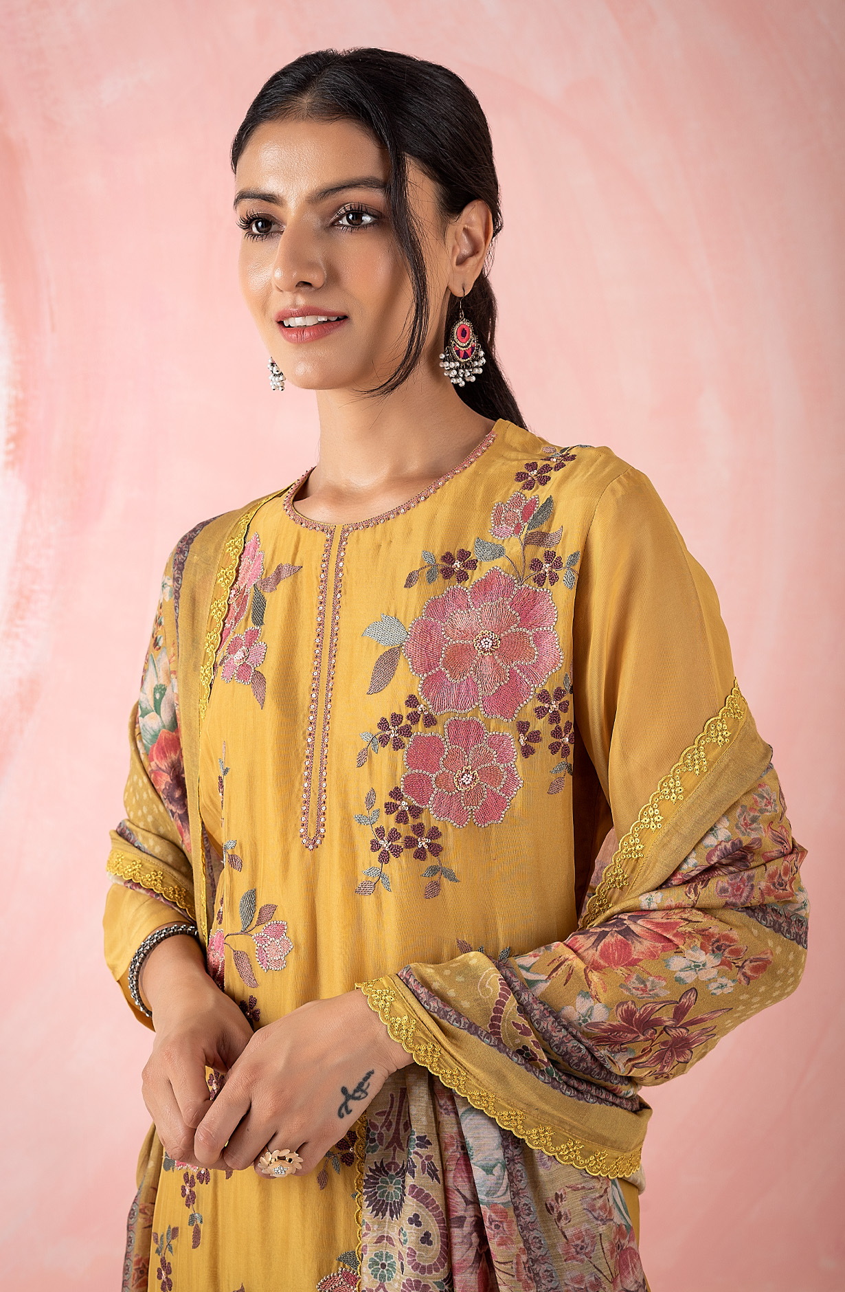 Mustard Organza Beautiful Embroidered Suit with Muslin Dupatta - GAA1971A