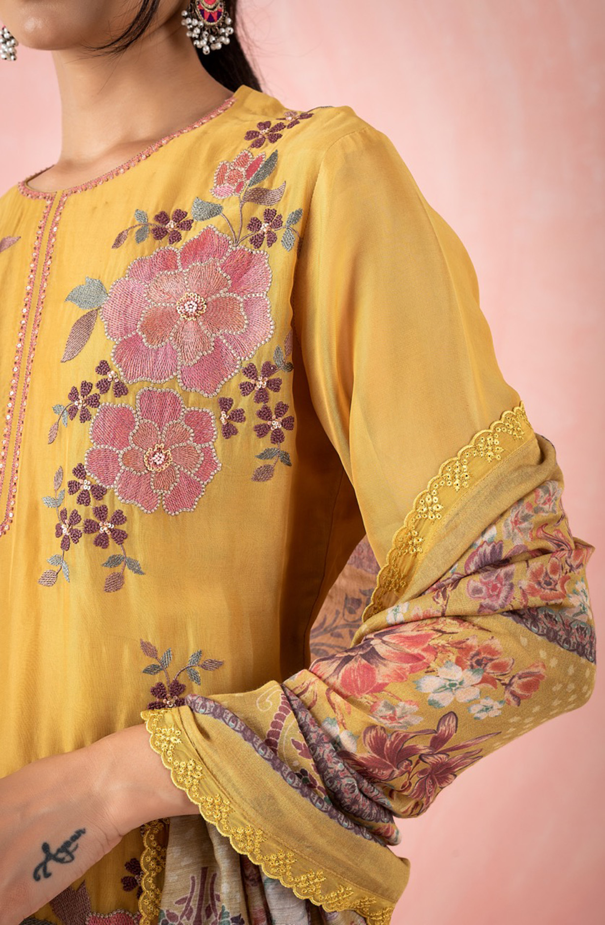 Mustard Organza Beautiful Embroidered Suit with Muslin Dupatta - GAA1971A