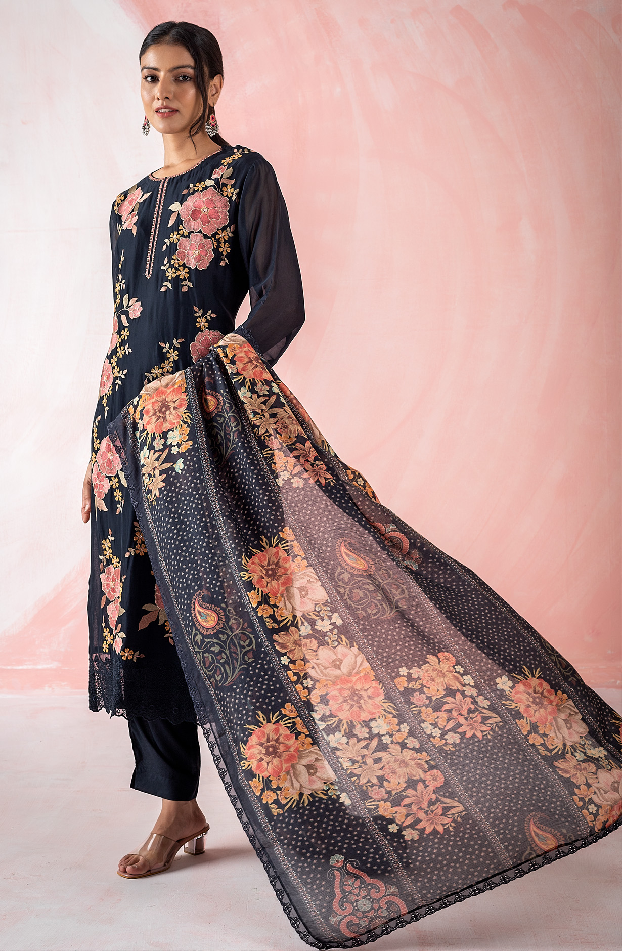 Dark Blue Organza Beautiful Embroidered Suit with Muslin Dupatta - GAA1971B