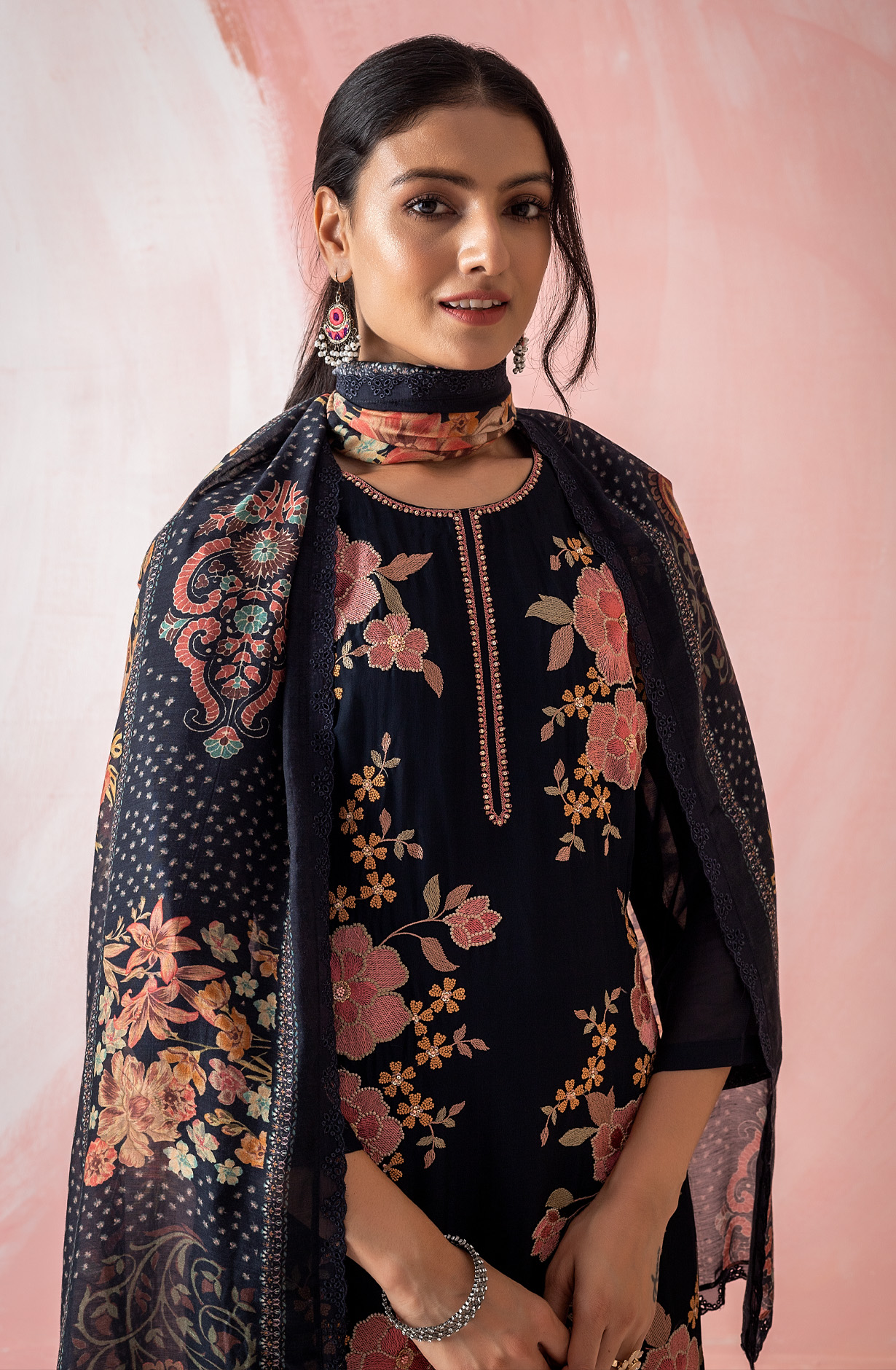 Dark Blue Organza Beautiful Embroidered Suit with Muslin Dupatta - GAA1971B