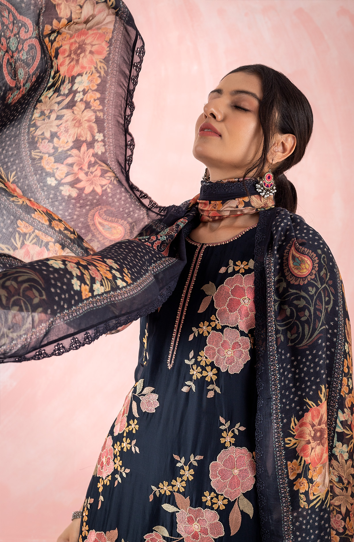 Dark Blue Organza Beautiful Embroidered Suit with Muslin Dupatta - GAA1971B