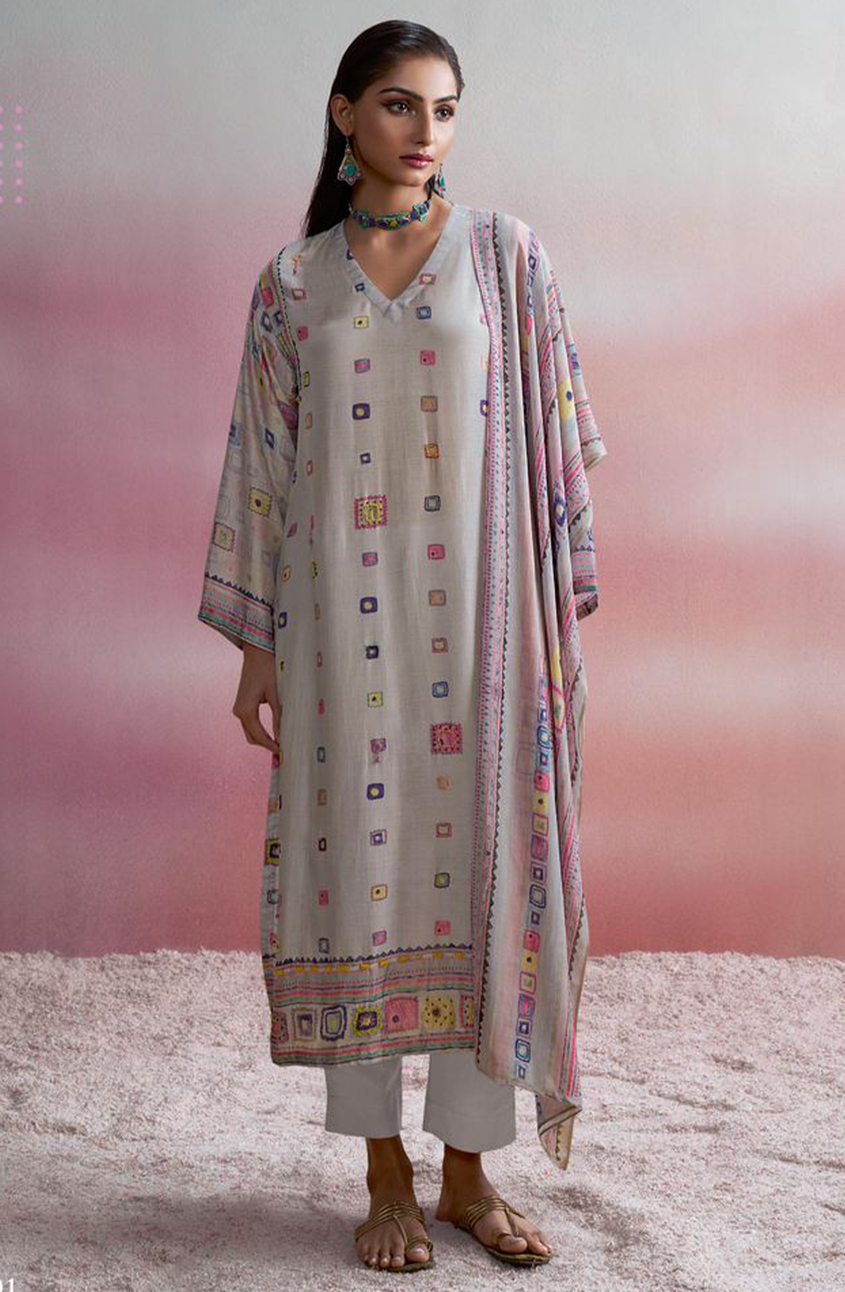 Grey Muslin Silk Digital Printed Beautiful Suit Set  - GAM1001