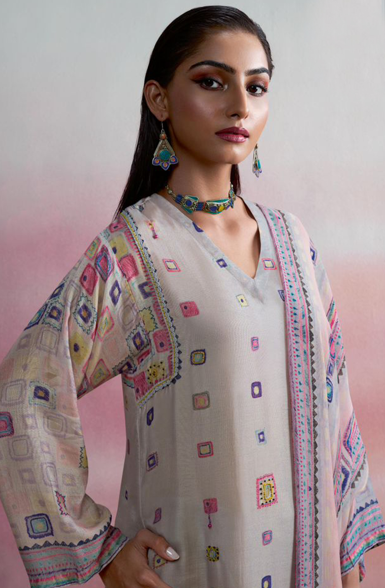Grey Muslin Silk Digital Printed Beautiful Suit Set  - GAM1001