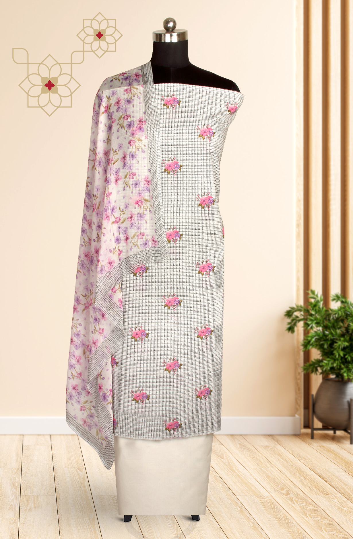 Black and Cream Cotton Digital Printed Salwar Suit with Chiffon Dupatta - GAN892