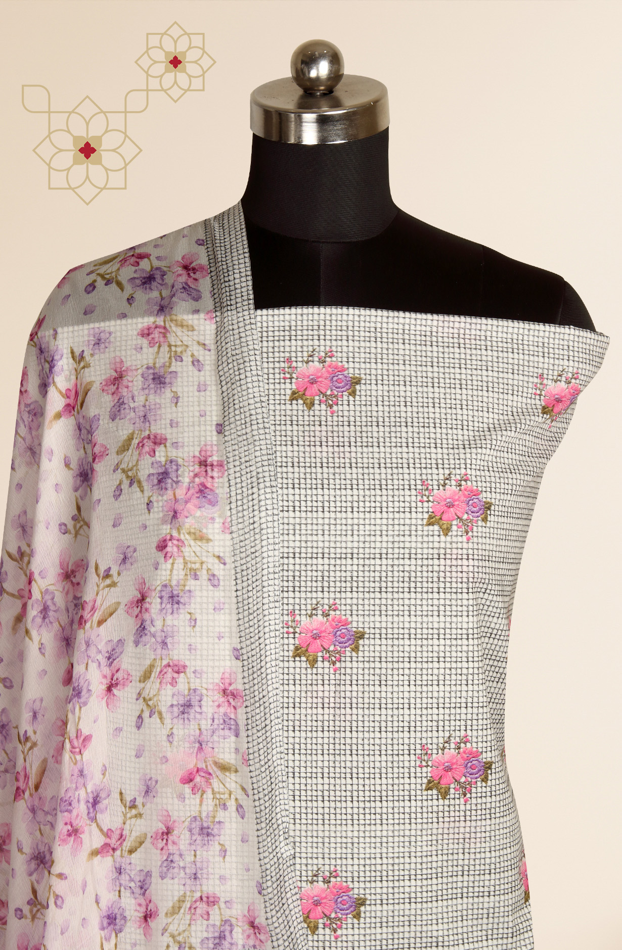 Black and Cream Cotton Digital Printed Salwar Suit with Chiffon Dupatta - GAN892