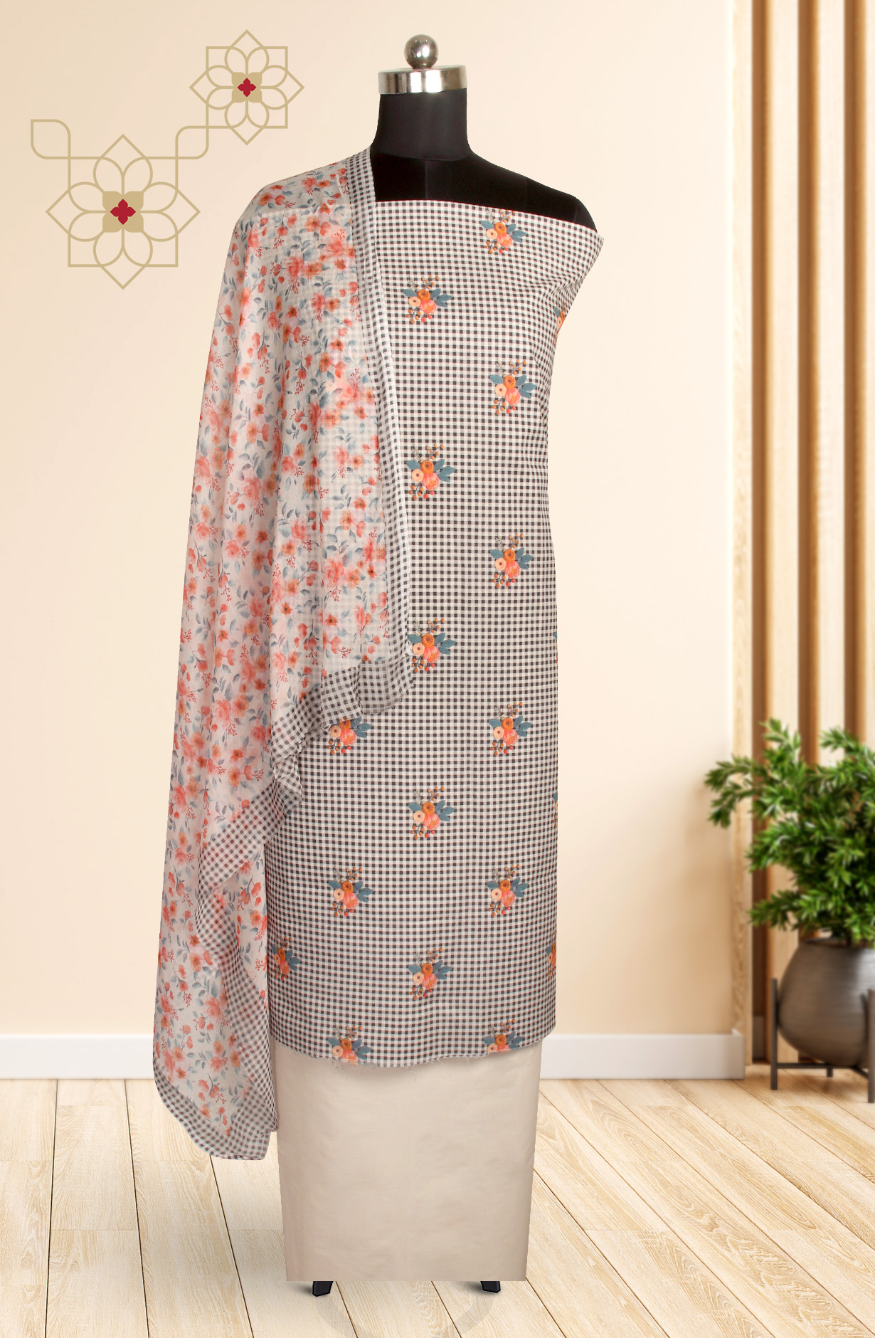 Black and Beige Cotton Digital Printed Salwar Suit with Chiffon Dupatta - GAN893