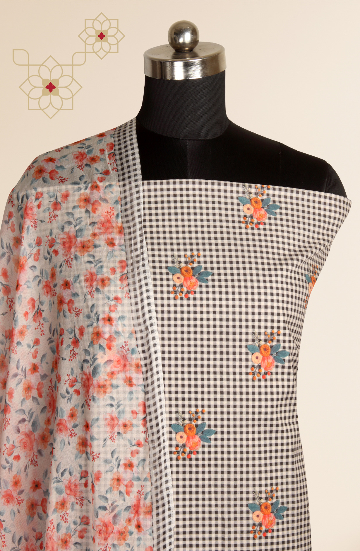 Black and Beige Cotton Digital Printed Salwar Suit with Chiffon Dupatta - GAN893