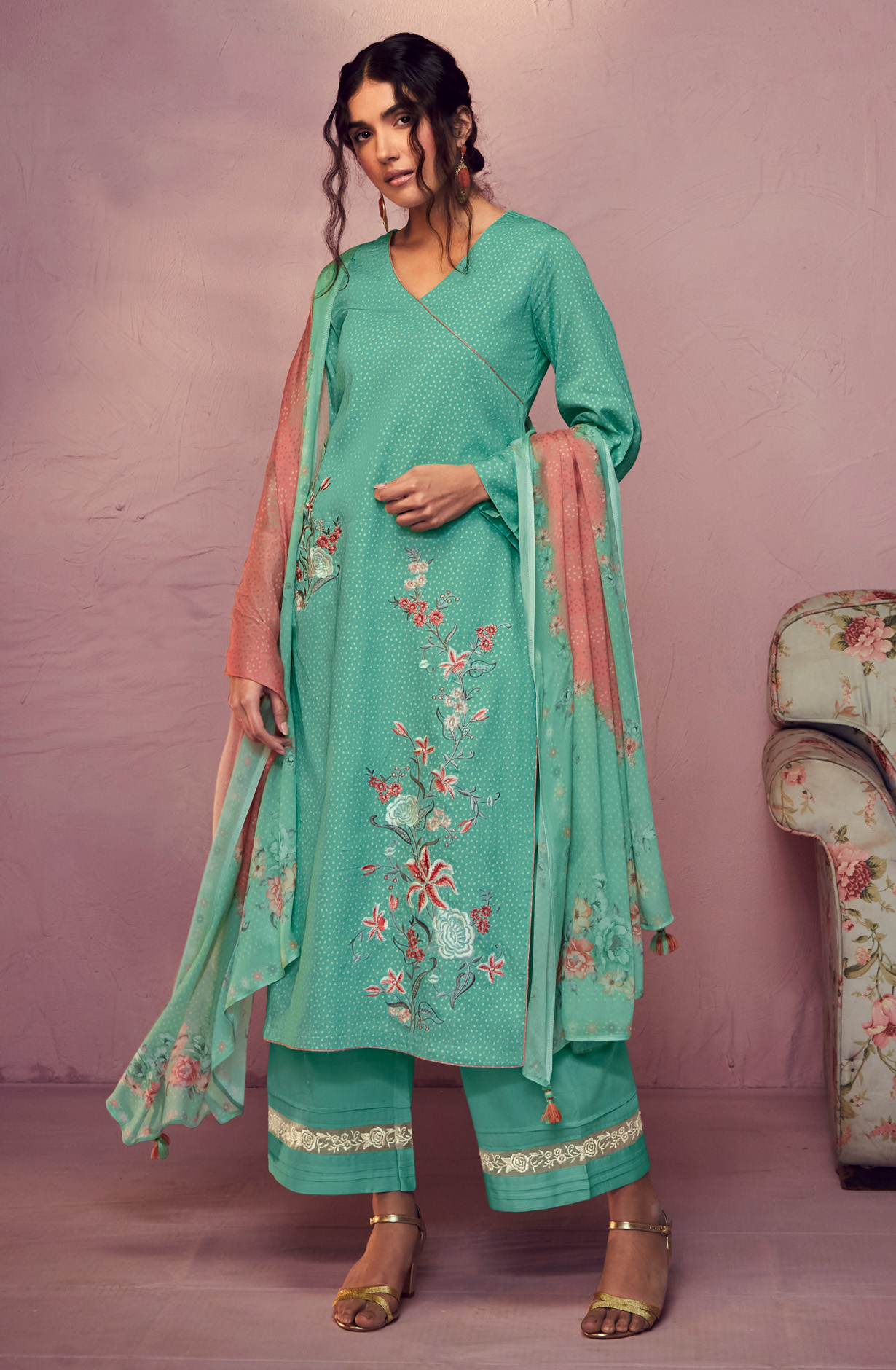 Sea Green Cotton Beautiful Bandhej Print with Embroidery Salwar Suit - GAR9111