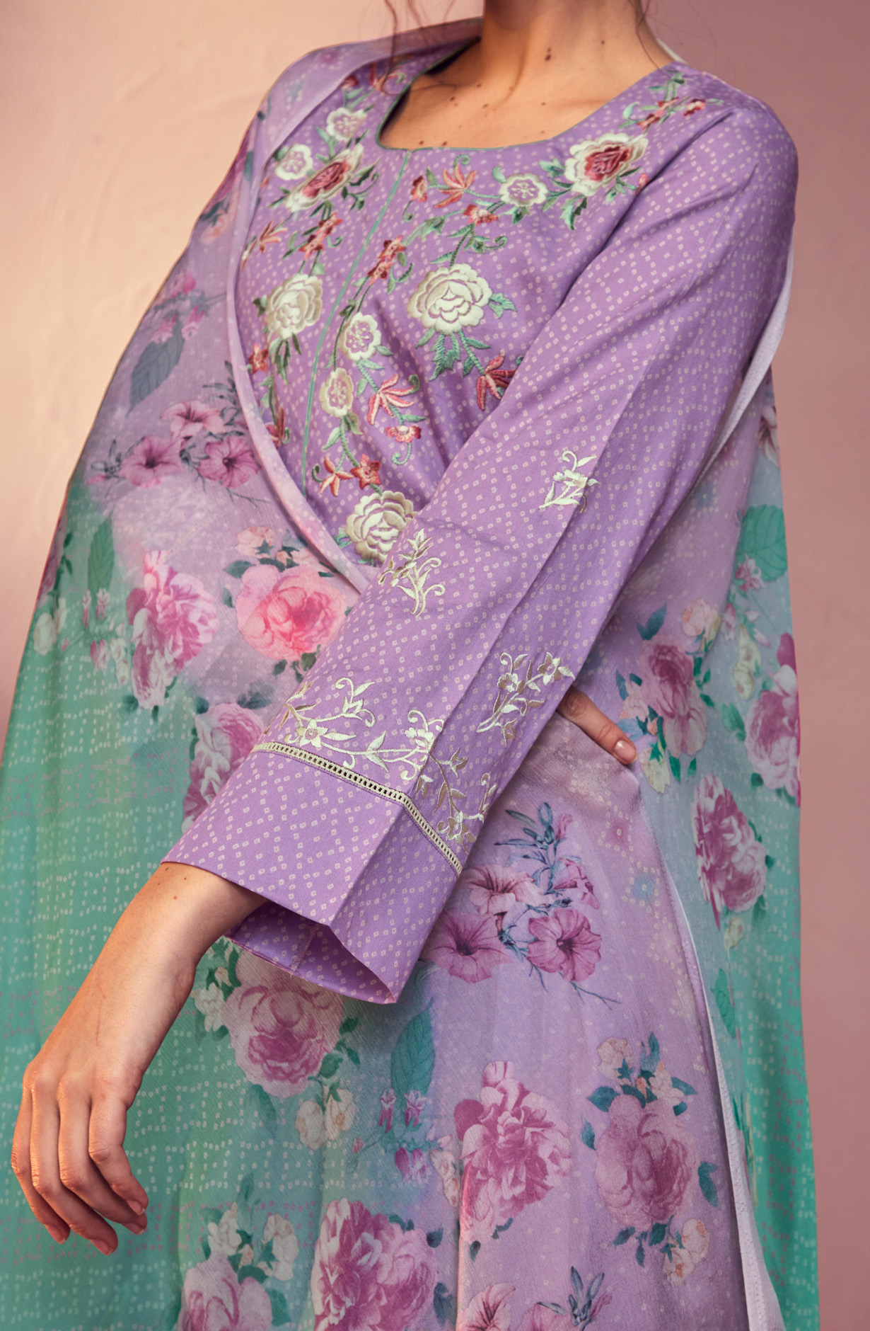 Lavender Cotton Beautiful Bandhej Print with Embroidery Salwar Suit - GAR9112