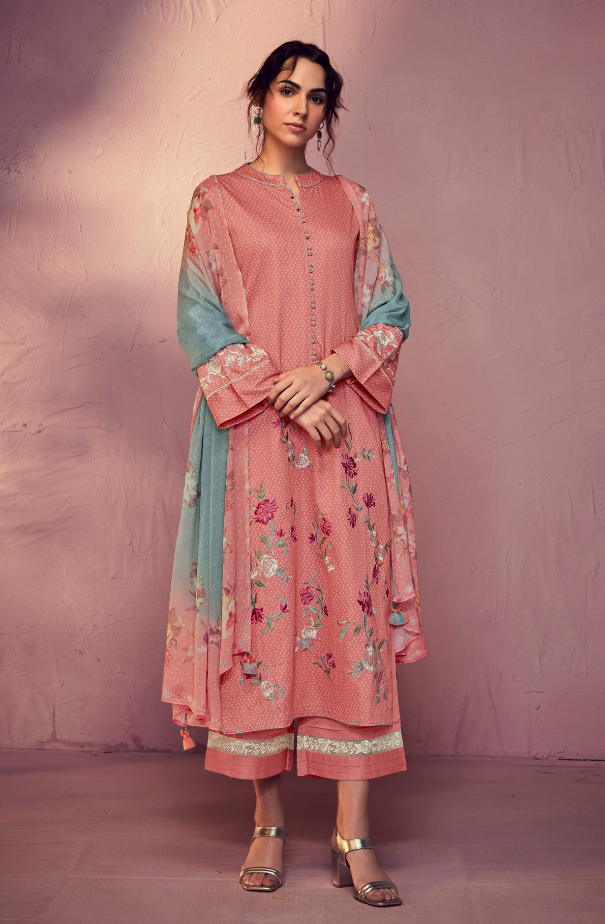 Peach Cotton Beautiful Bandhej Print with Embroidery Salwar Suit - GAR9113