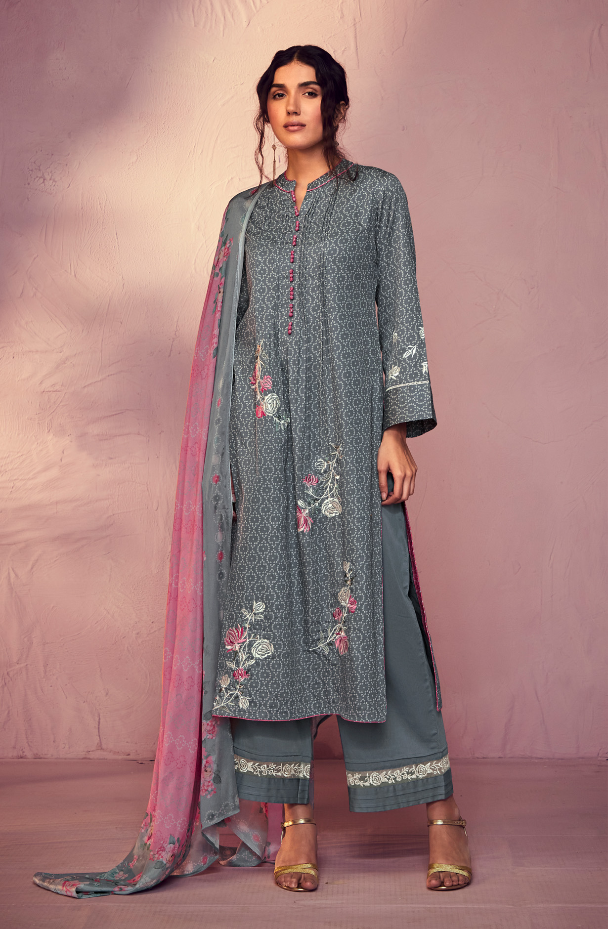 Grey Cotton Beautiful Bandhej Print with Embroidery Salwar Suit - GAR9114