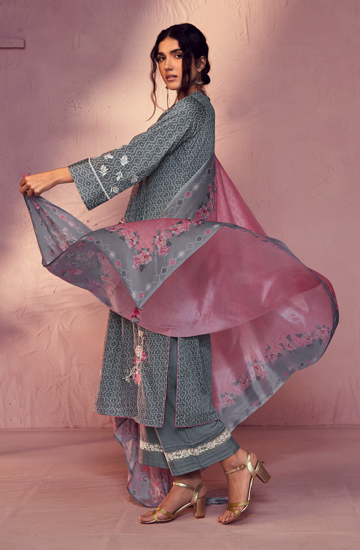 Grey Cotton Beautiful Bandhej Print with Embroidery Salwar Suit - GAR9114