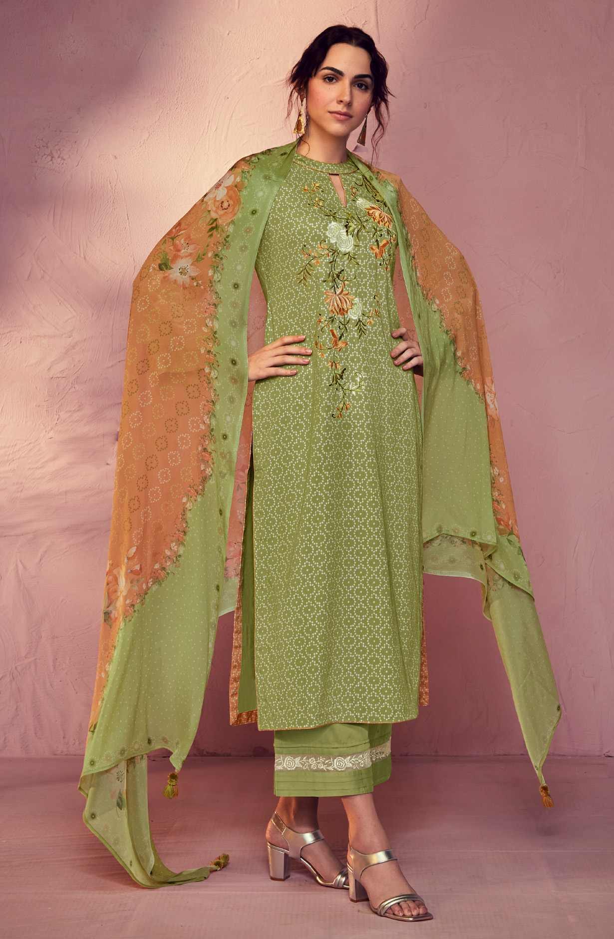 Parrot Green Cotton Beautiful Bandhej Print with Embroidery Salwar Suit - GAR9115