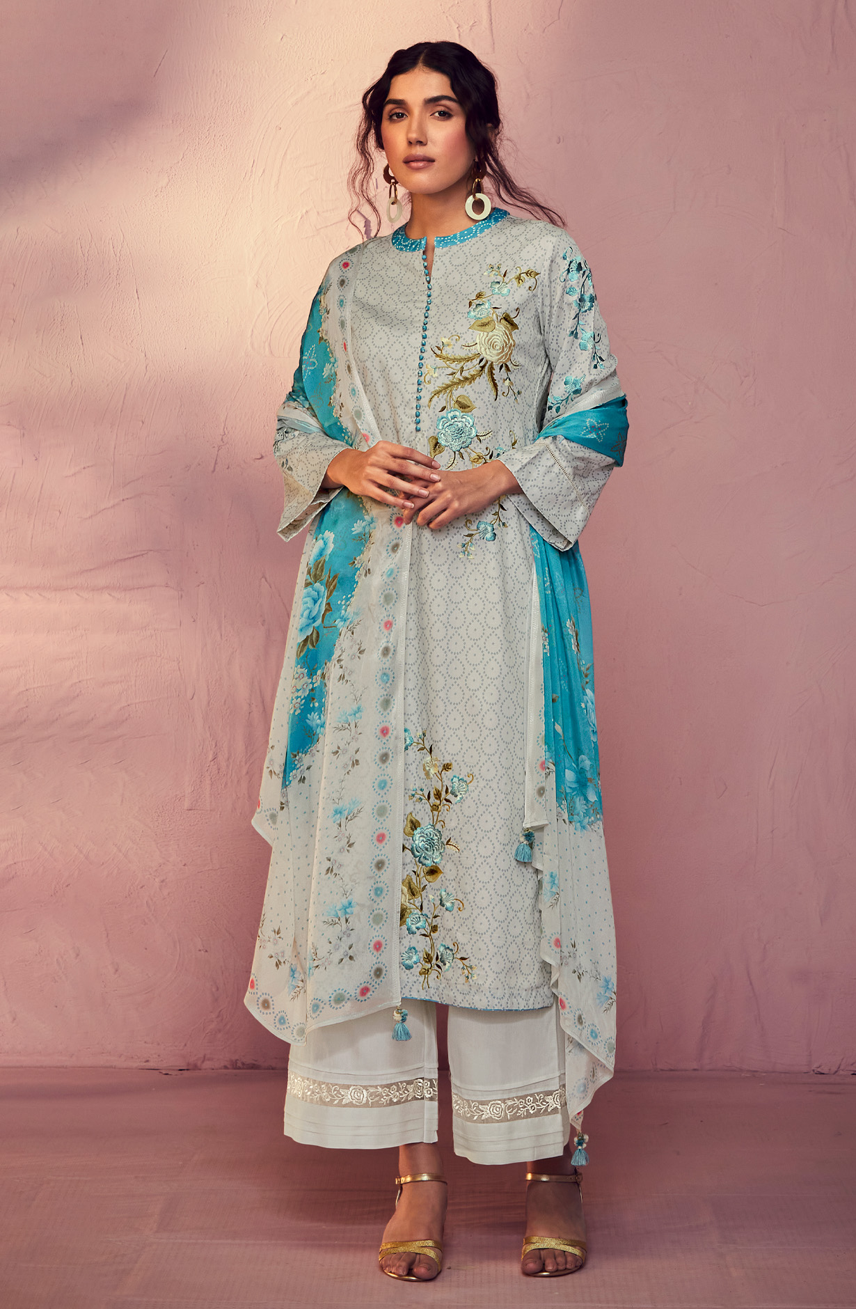 Grey Cotton Beautiful Bandhej Print with Embroidery Salwar Suit - GAR9116