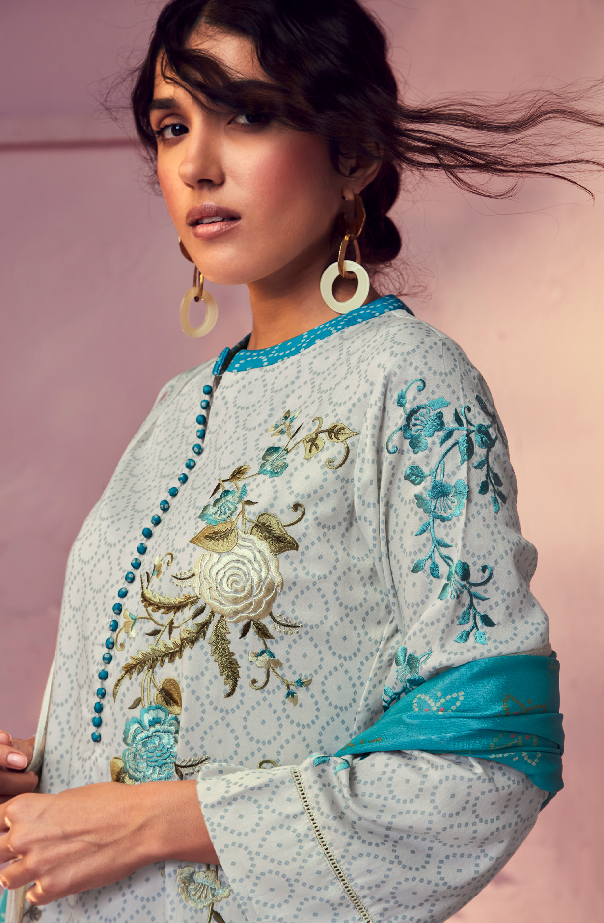 Grey Cotton Beautiful Bandhej Print with Embroidery Salwar Suit - GAR9116