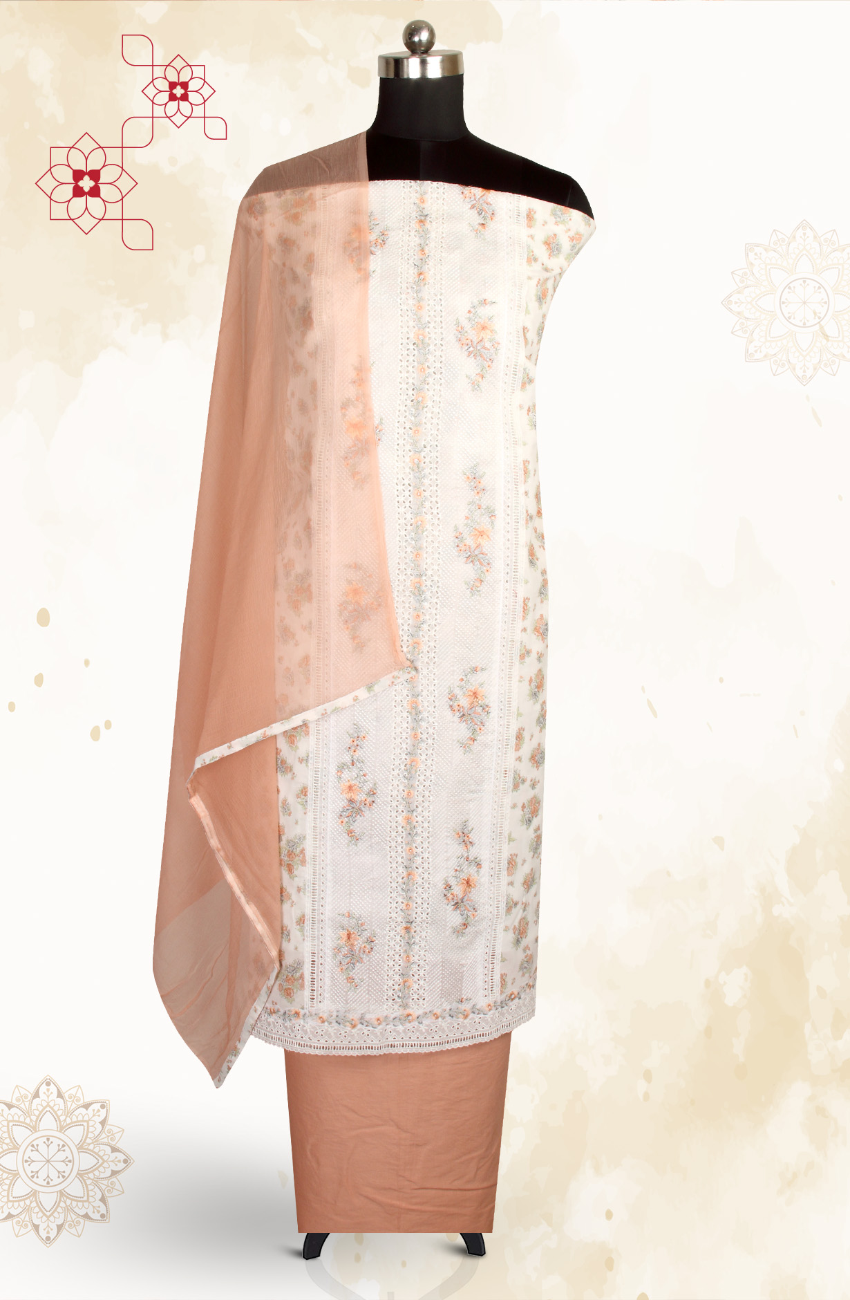 Multi-coloured Pure Cotton Digital Printed Salwar Kameez with Chiffon Dupatta - GARNPJ3030B